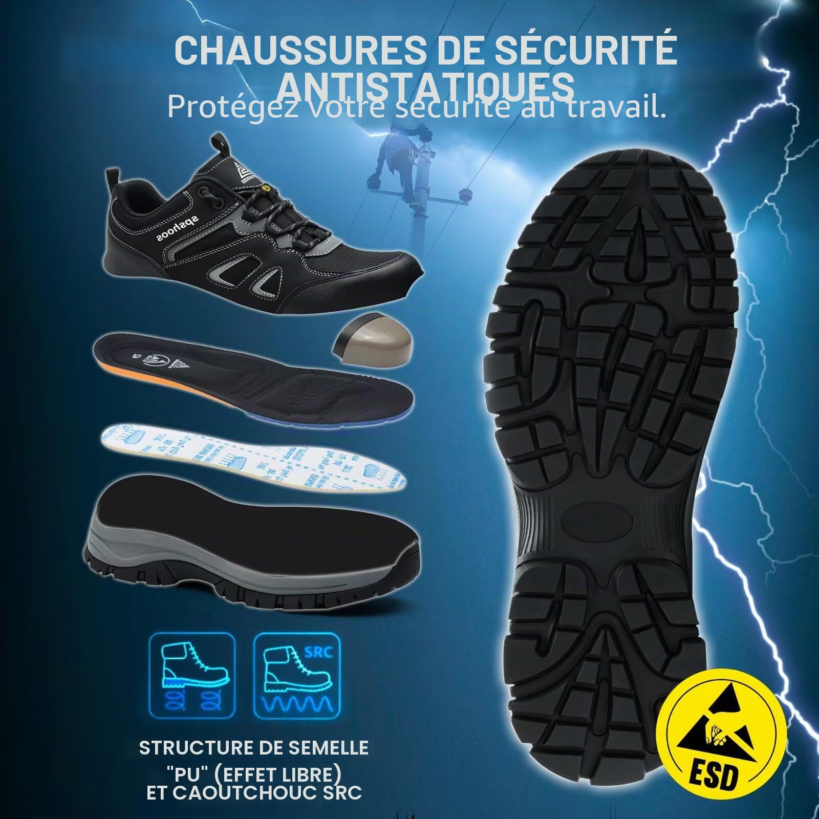 Chaussures de Sécurité Hommes Femme S1P ESD Chaussure de Travail Légère Baskets Sécurité Embout Acier Protection Cuisine
