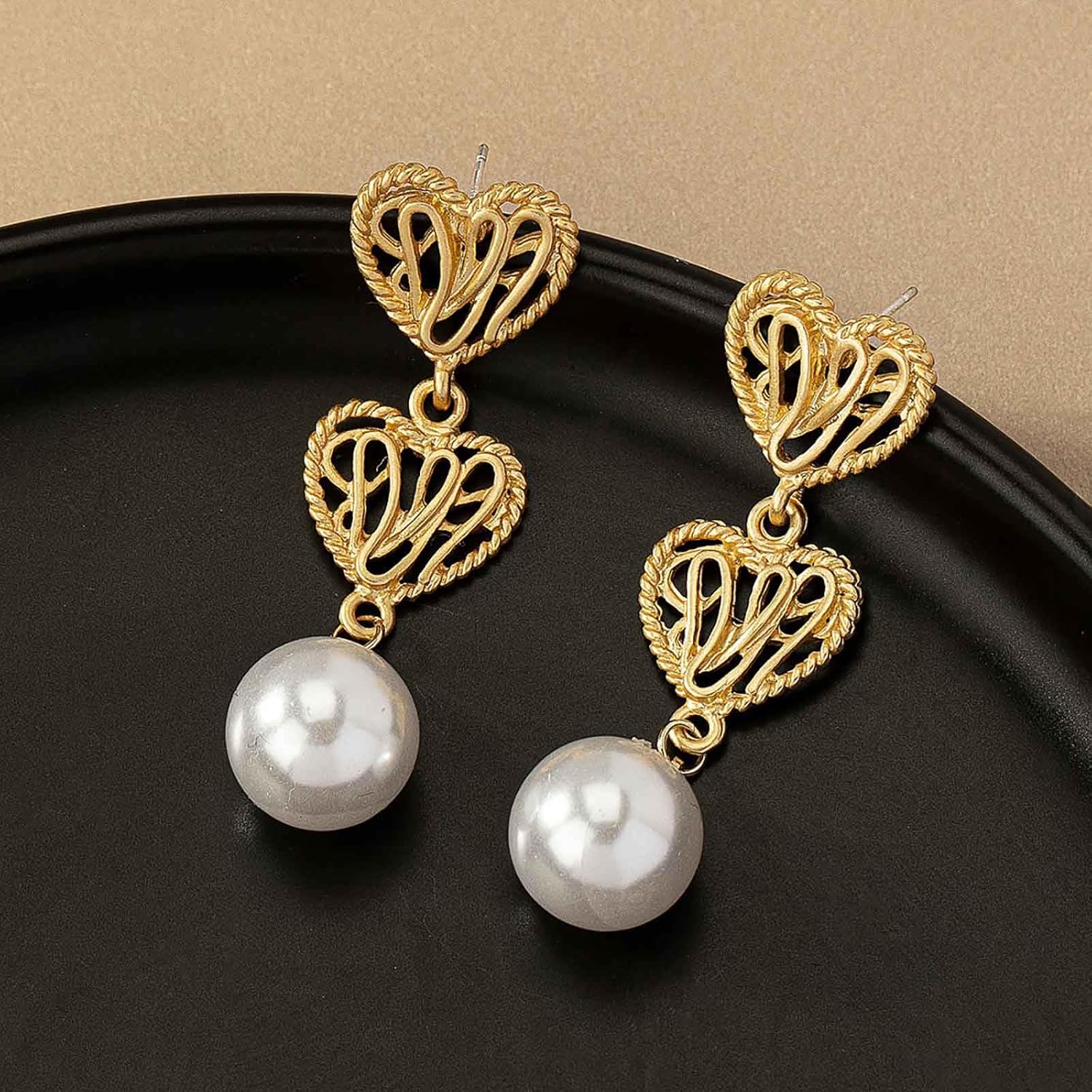 W WEILIRIAN Boho Love Heart Dangle Earrings Vintage Pearl Drop Earrings for Girls Gold Heart Earrings Hollow Heart Stud Earrings Jewelry for Women Gifts - Image 3