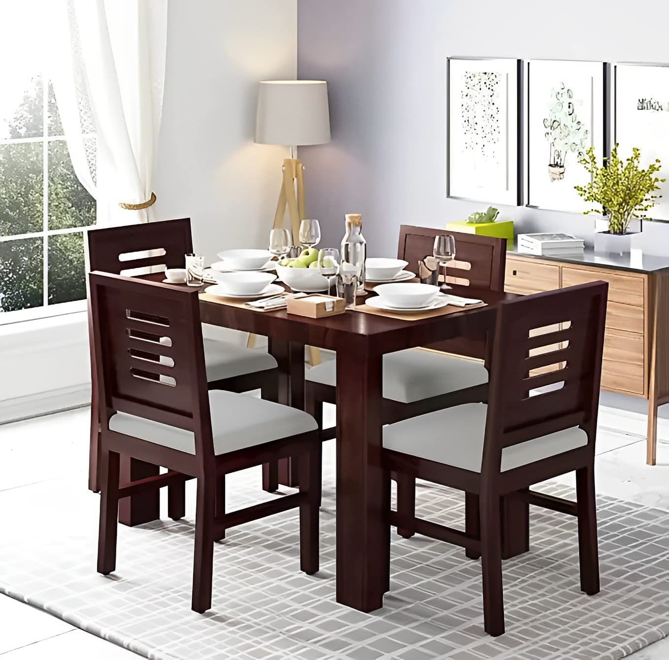 VK Furniture Sheesham Solid Wood 4 Seater Dining Table Set of Four with 4 Cushion Chairs for Dinner Hall Kitchen Living Room Home Office Restaurant |L45 X W30 X H30|Natural Chestnut