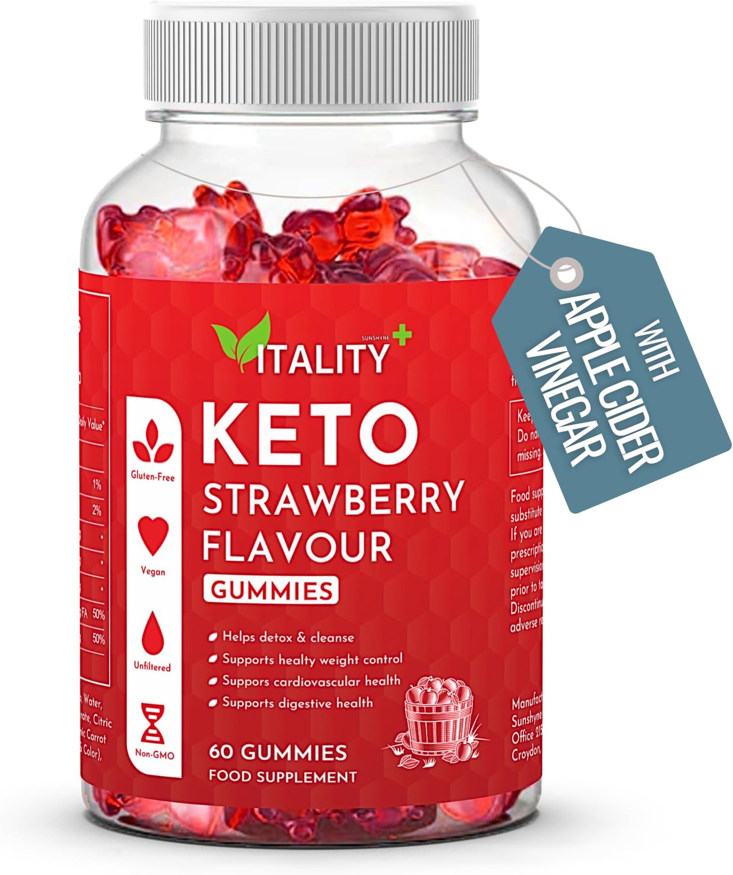 Keto Gummies Weight Loss Support Food Supplement - Strawberry Flavour 60 Gummies โ Low Calorie Snacks - No Added Sugars - Appetite Control & Energy Boost - Vegan and Gluten Free