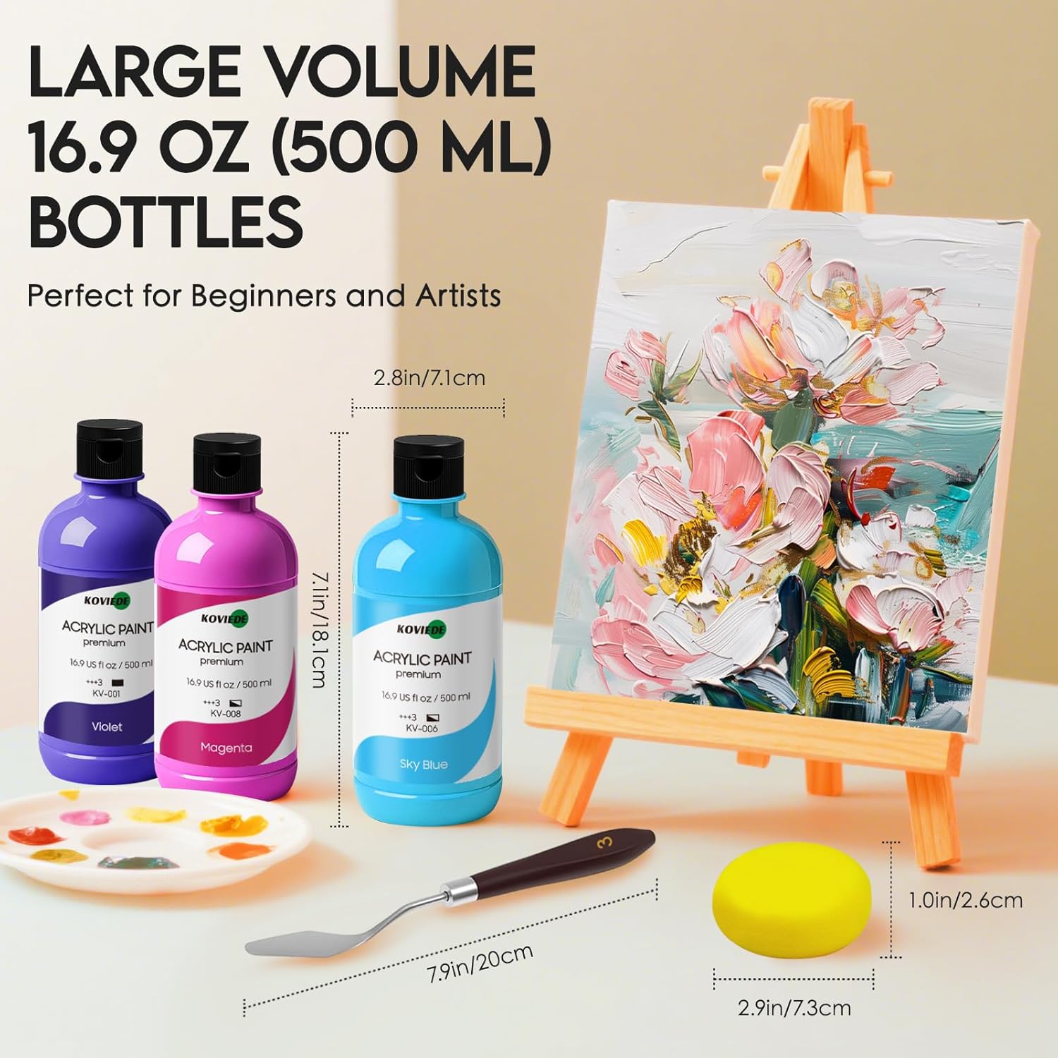 15 Colors Acrylic Paint Set (500ml/17oz), Rich Pigmented Non-Toxic Bulk Painting Supplies for Canvas Wood Fabric Rocks Crafts, Ideal for Artists, Beginners, Kids & Students