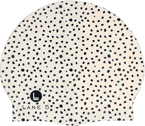 Miniatura 8 de Lane5 Swim - Paquete de 2 gorros de natación de silicona para adultos, hermosos diseños para mujer, sin látex, estampado de manchas y azul sólido