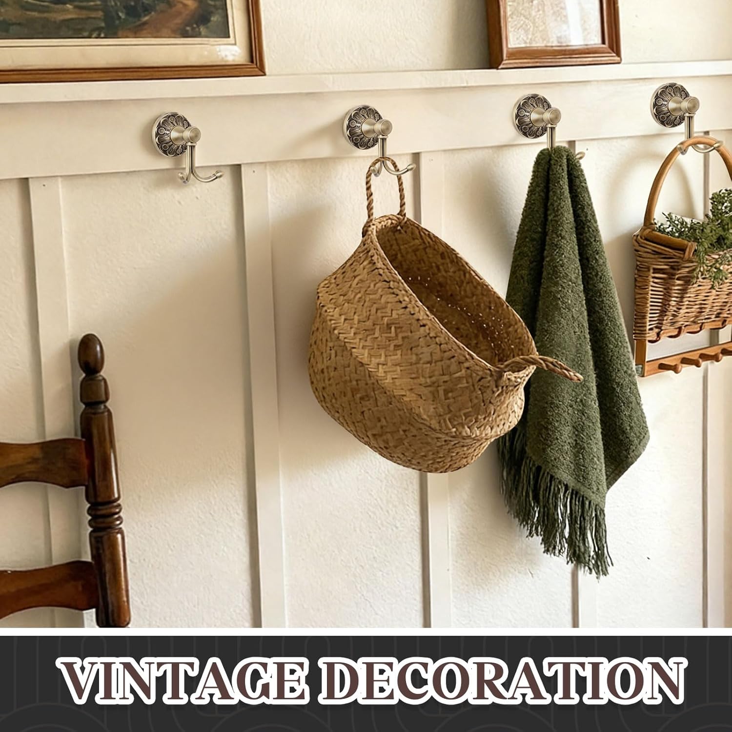 Brass Towel Hook 2 Pack, Vintage Wall Mounted Robe Holder Heavy Duty Bathroom Coat Hanger for Towels Clothes Bathrobes, Antique Brass Decorative Hardware for Bathroom Kitchen Entryway