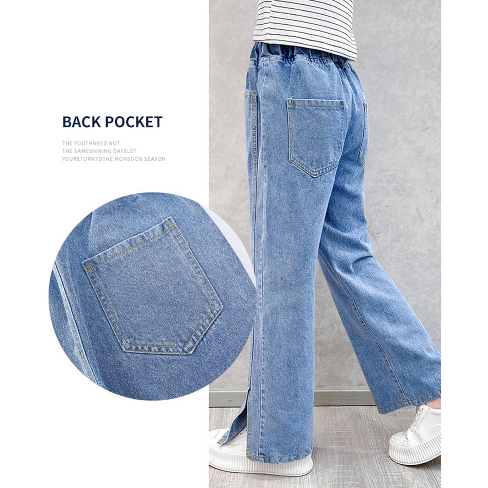 Rolanko Pantalones de mezclilla para niñas, cintura elástica, pierna ancha, holgados, ropa para niños de 4 a 14 años