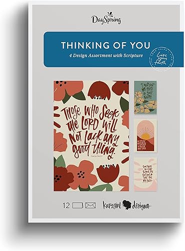 DaySpring - Tarjetas de felicitación Thinking of You - Surtido de 4 diseños Katygirl con escritura - 12 tarjetas y sobres en caja de Thinking of You