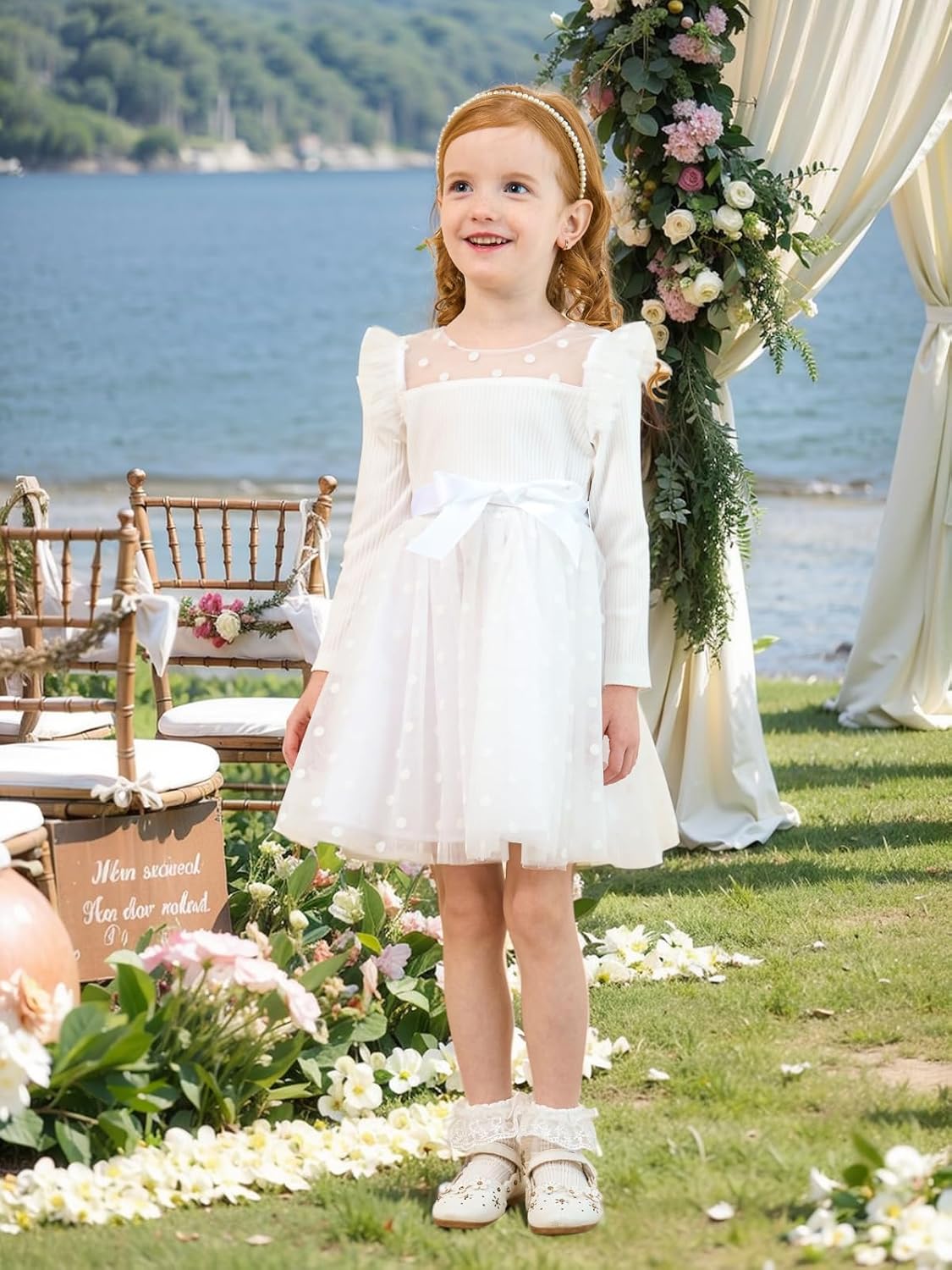 Miipat Toddler Girls Tulle Dress Long Sleeve Tutu Party Dress Little Kids Ruffle Princess Dresses(White,2-3T) - Image 2