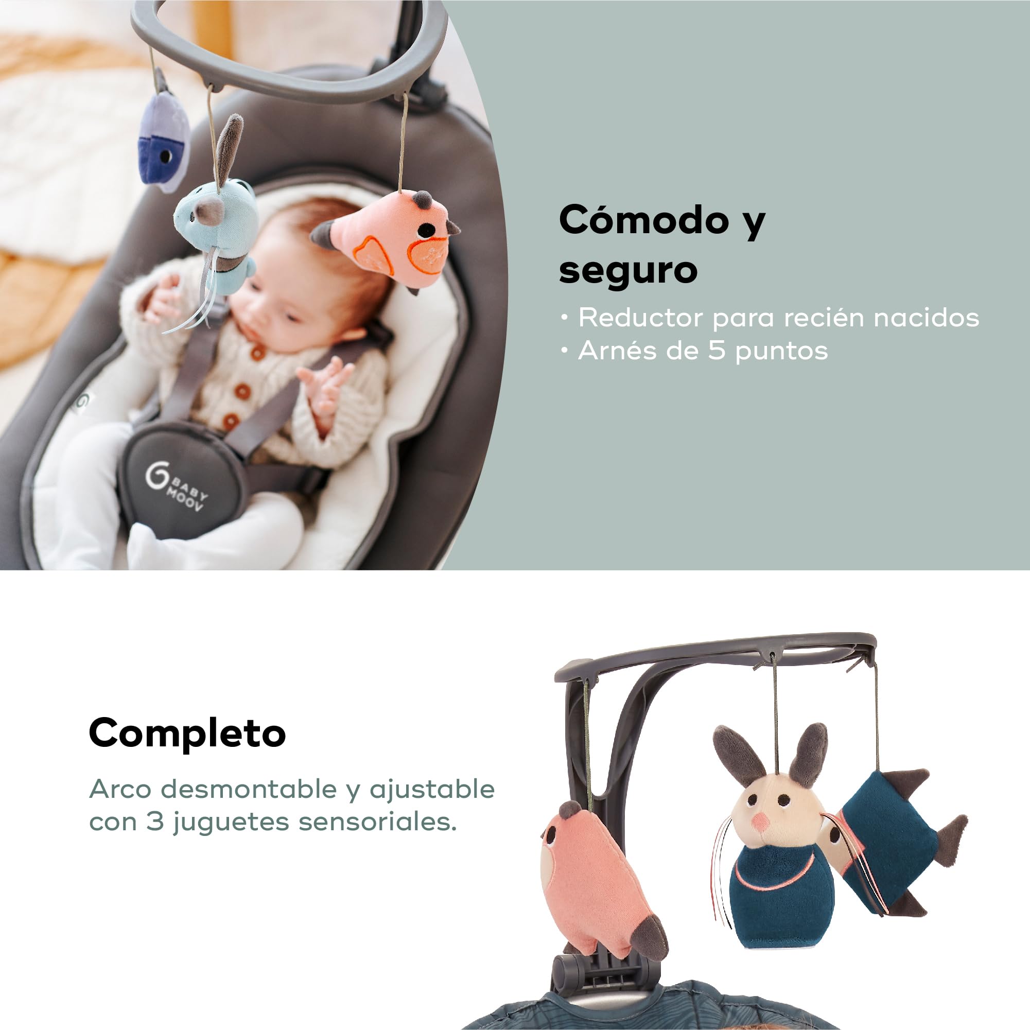 Babymoov Swoon Motion oscilación y cuna, con el asiento ergonómico cómodo y ajustable, 65 x 72 cm, Zinc