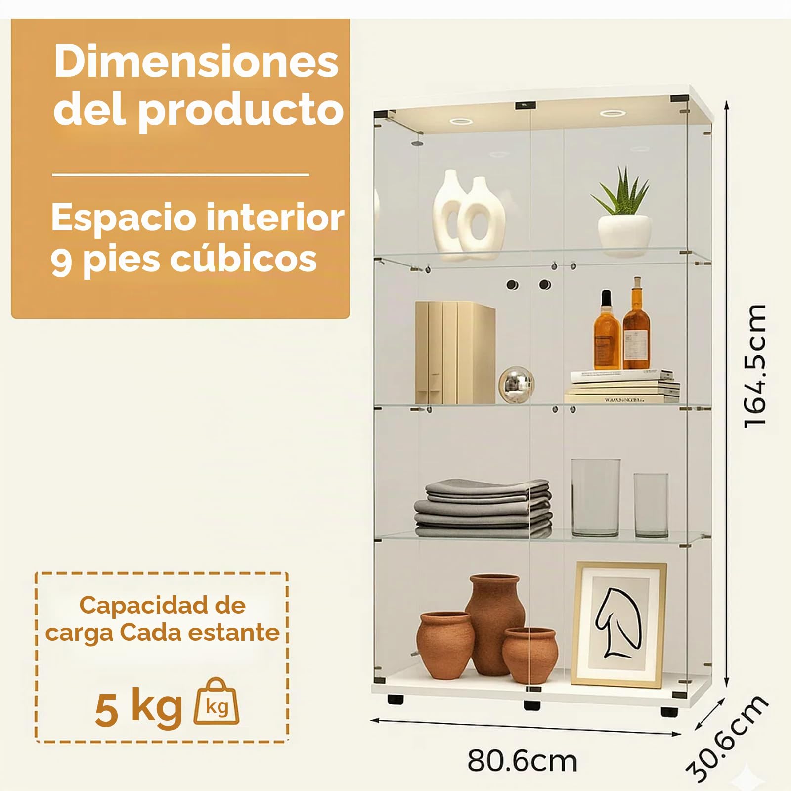 Vitrina de cristal con iluminación LED, gabinete de exhibición blanco 164,5 x 80,6 x 36,5 cm, puertas de cristal con cerradura, vitrina de pie con 2 luces LED, vidrio de seguridad templado