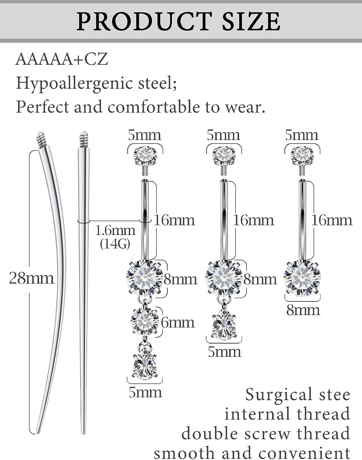 Internally Threaded Belly Button Rings Surgical Stee, Extra-Long & Short Simple Belly Rings, 14G Belly Piercing Jewelry,Navel Piercing Jewelry for Women Men 10mm 12mm 14mm 16mm