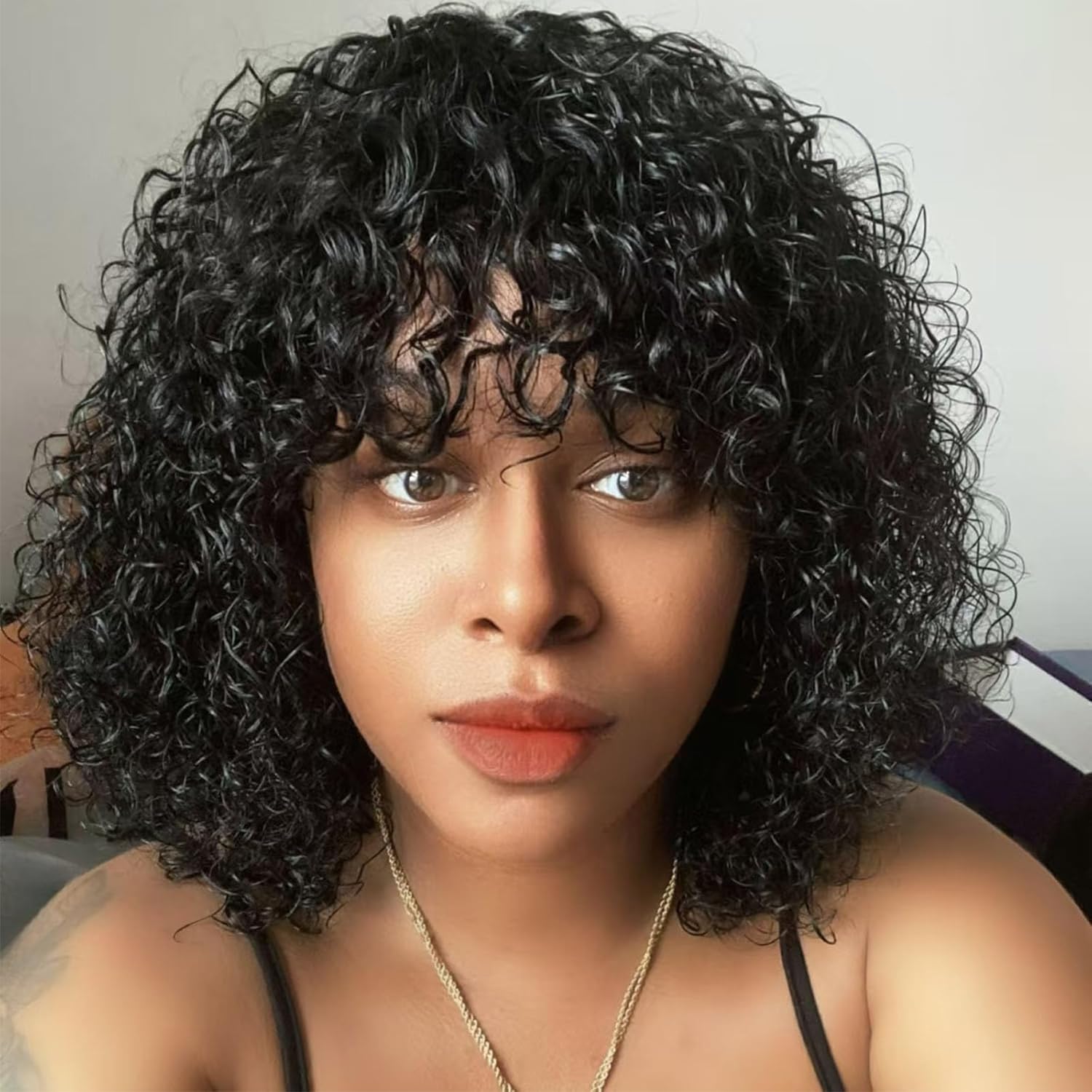 Amazon.com : Short Curly Human Hair Wig with Bangs Short 