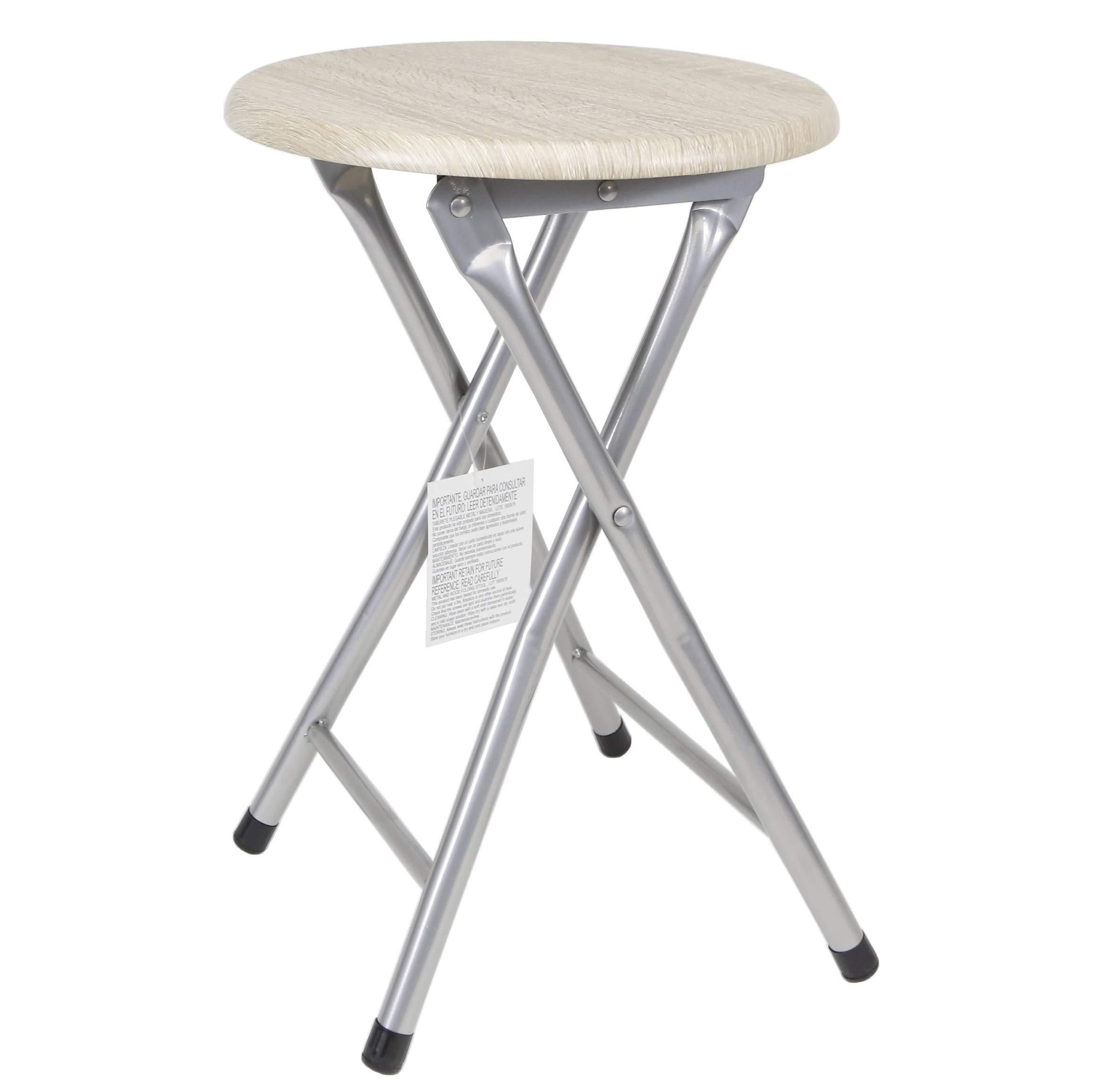 The Secret Home - Taburete Metálico Plegable - Silla de Metal y Madera - Ligera y Elegante - Ideal para Cocina, Jardín y Baño - Patas Metálicas - Diámetro 30 x Altura 45 cm (Madera Clara)