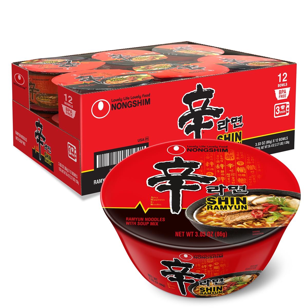 Shin Ramyun Bowl Noodles, Spicy Korean Signature Instant Ramyun, Rich Beef Flavored Broth, Quick and Easy, Microwaveable Bowl, 3.03 oz (Pack of 12)
