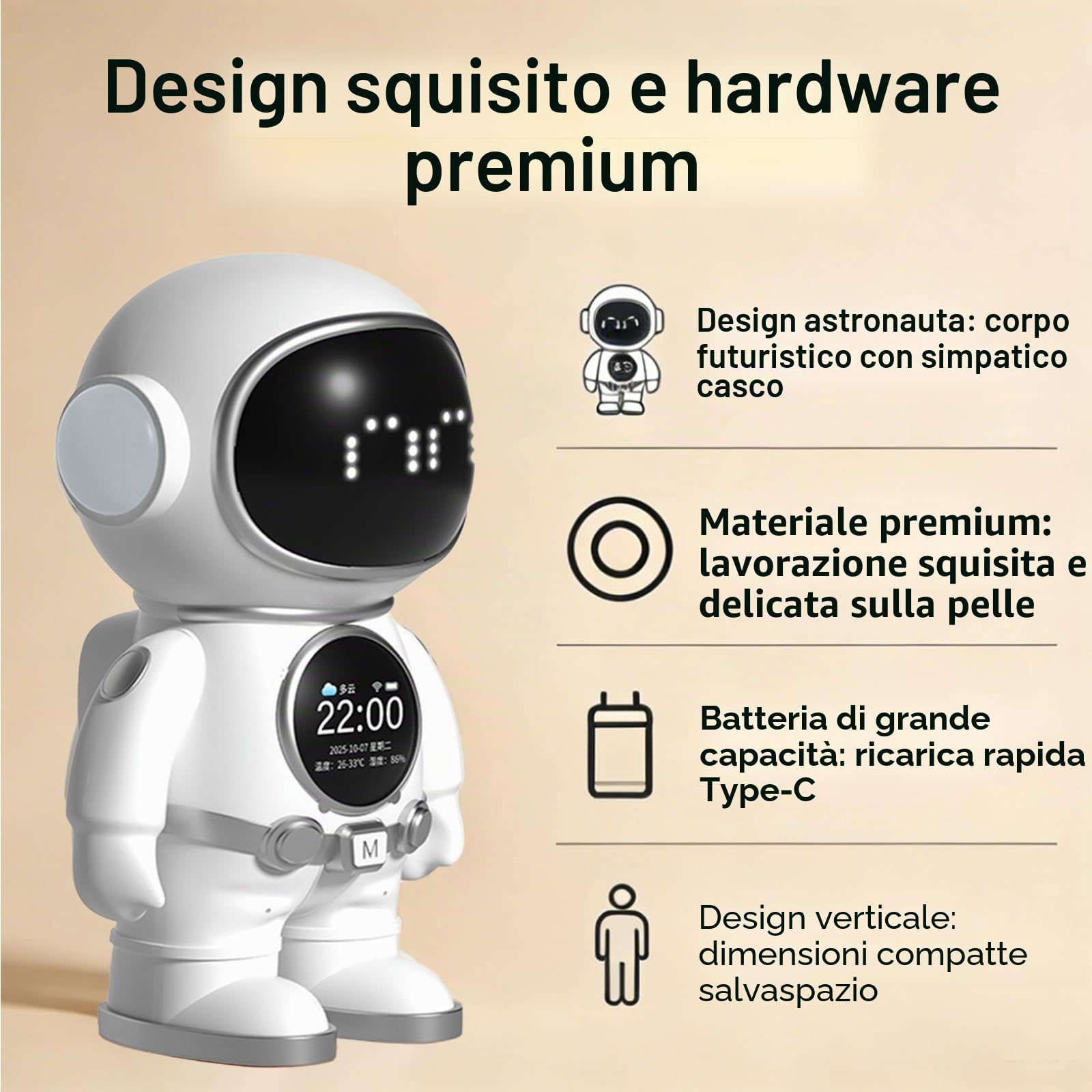 Astronauta AI - Robot da scrivania con 3 modelli Mainstream KI, controllo vocale, altoparlante Bluetooth, luce notturna, allarme intelligente e indicatore meteo, perfetto per ufficio
