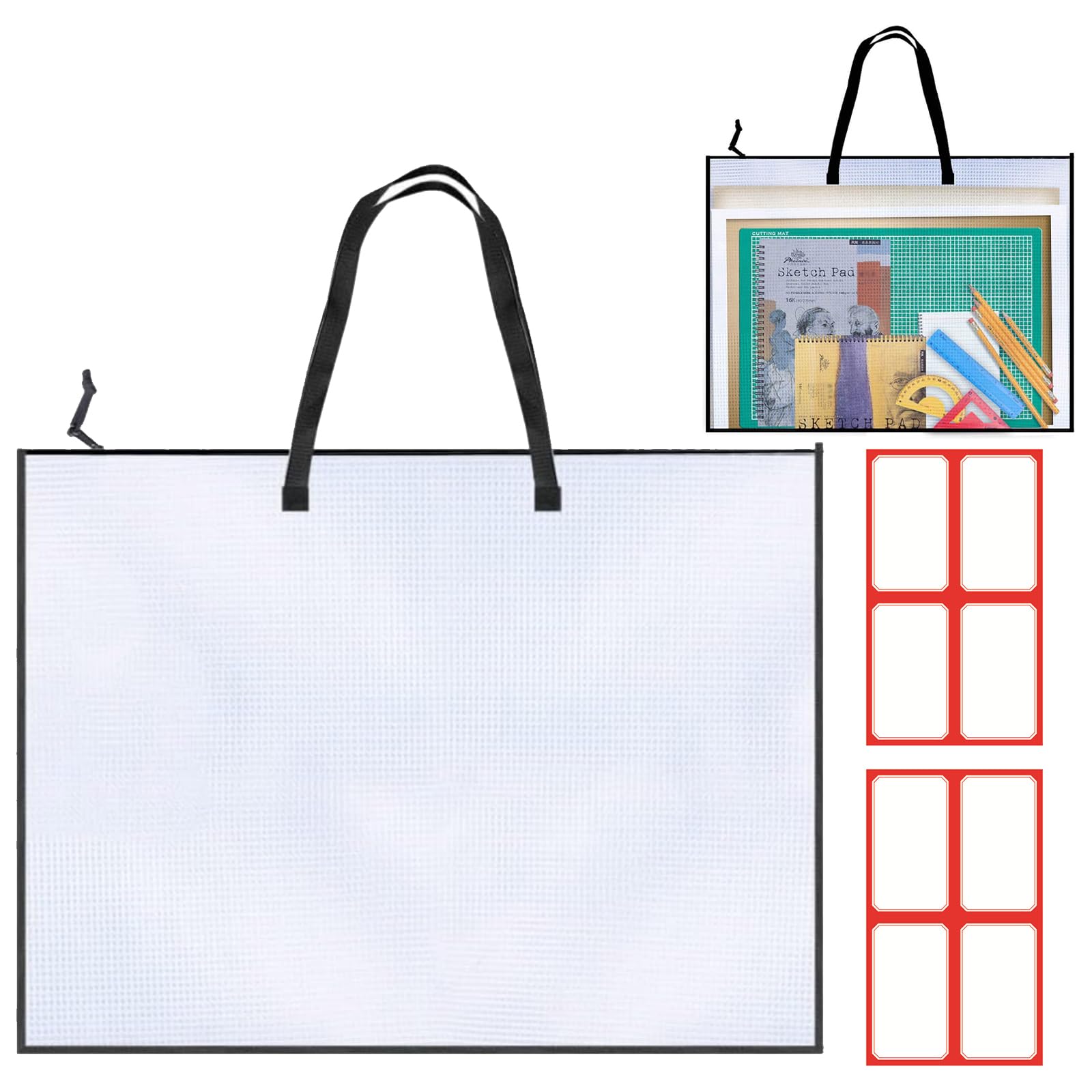 Hounyou A1 Art Folder Carry Case, 36x24 Inches Clear Grid A2 Portfolio Case, with Zipper and Handle, with 2 Sheets of Label Paper (57×97 mm, 4-Cell, Self-Adhesive)