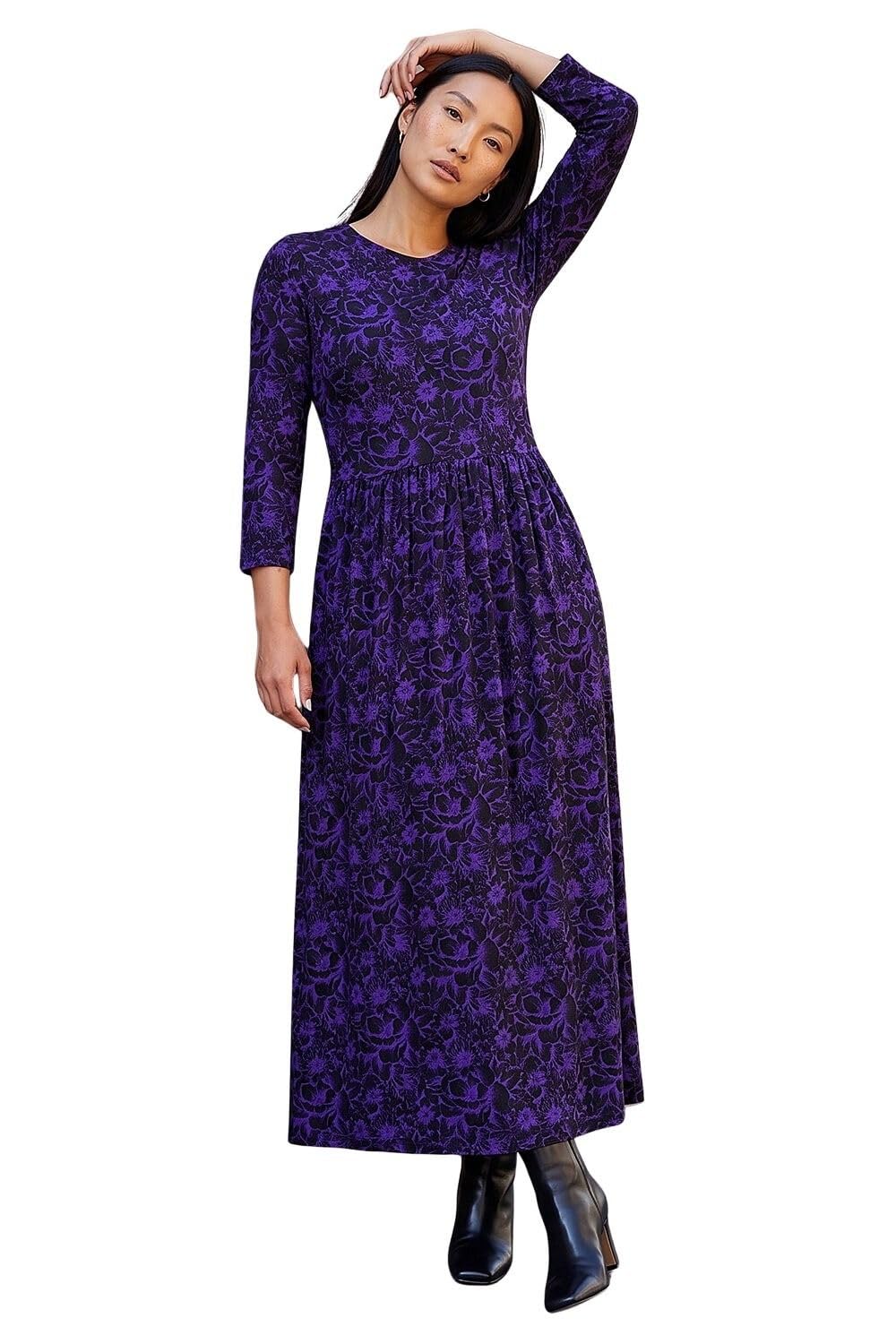 Roman Originals Women's Floral Purple Maxi Dress With Pockets For Uk Stretchy Jersey Midi Elasticated Gathered High Waist Skater Swing Fit Flare Office Work Smart Casual Boho - Size 16