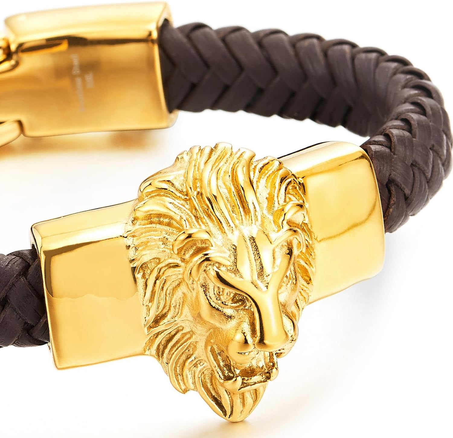 COOLSTEELANDBEYOND Mens Large Braided Leather Bracelet with Steel Lion and Genuine Leather Straps