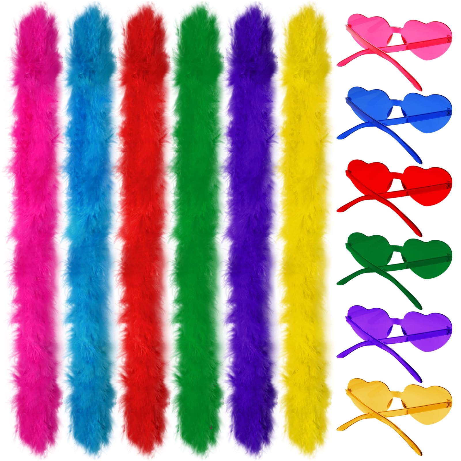 Gvhntk 12 Pcs Colored Feather Boas with Heart Shaped Sunglasses Set Rimless Glasses 6.6FT Fluffy Boas Women Party Halloween