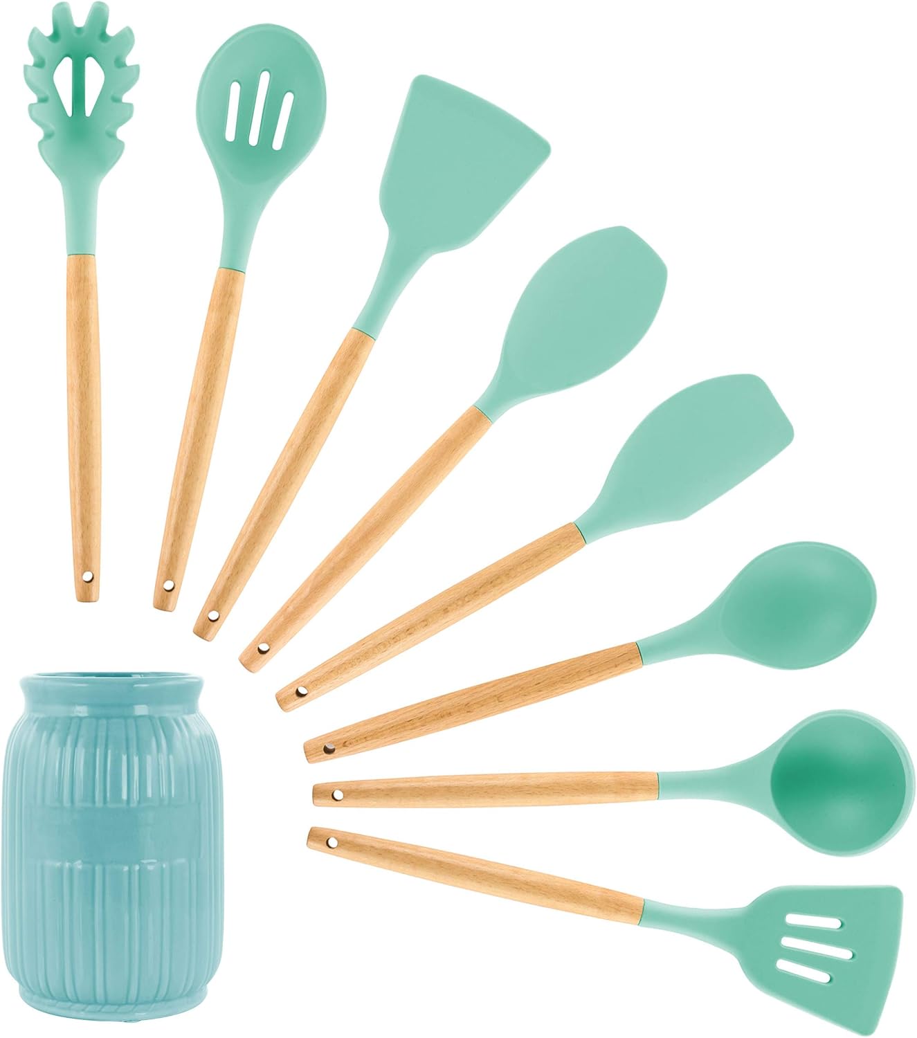 MegaChef Tool Cookware Utensil Set with Ceramic Holder, 9 Piece, Mint Green and Wood Texture
