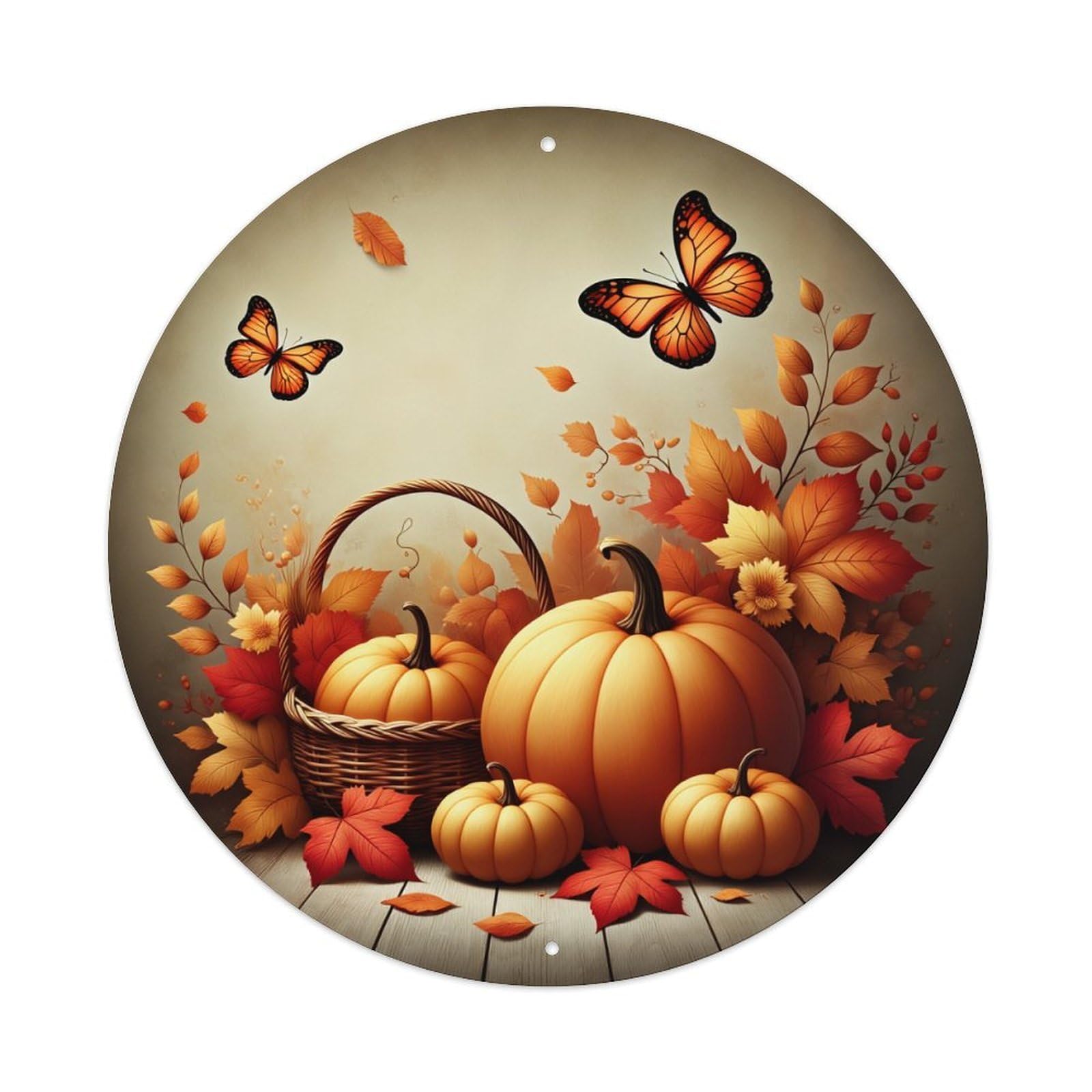 Autumn Leaves Pumpkins Butterflies Basket Round Tin Sign Vintage Metal Poster, Home Bar Garage Man Cave Cafe Indoor & Outdoor Wall Decoration 8x8Inches