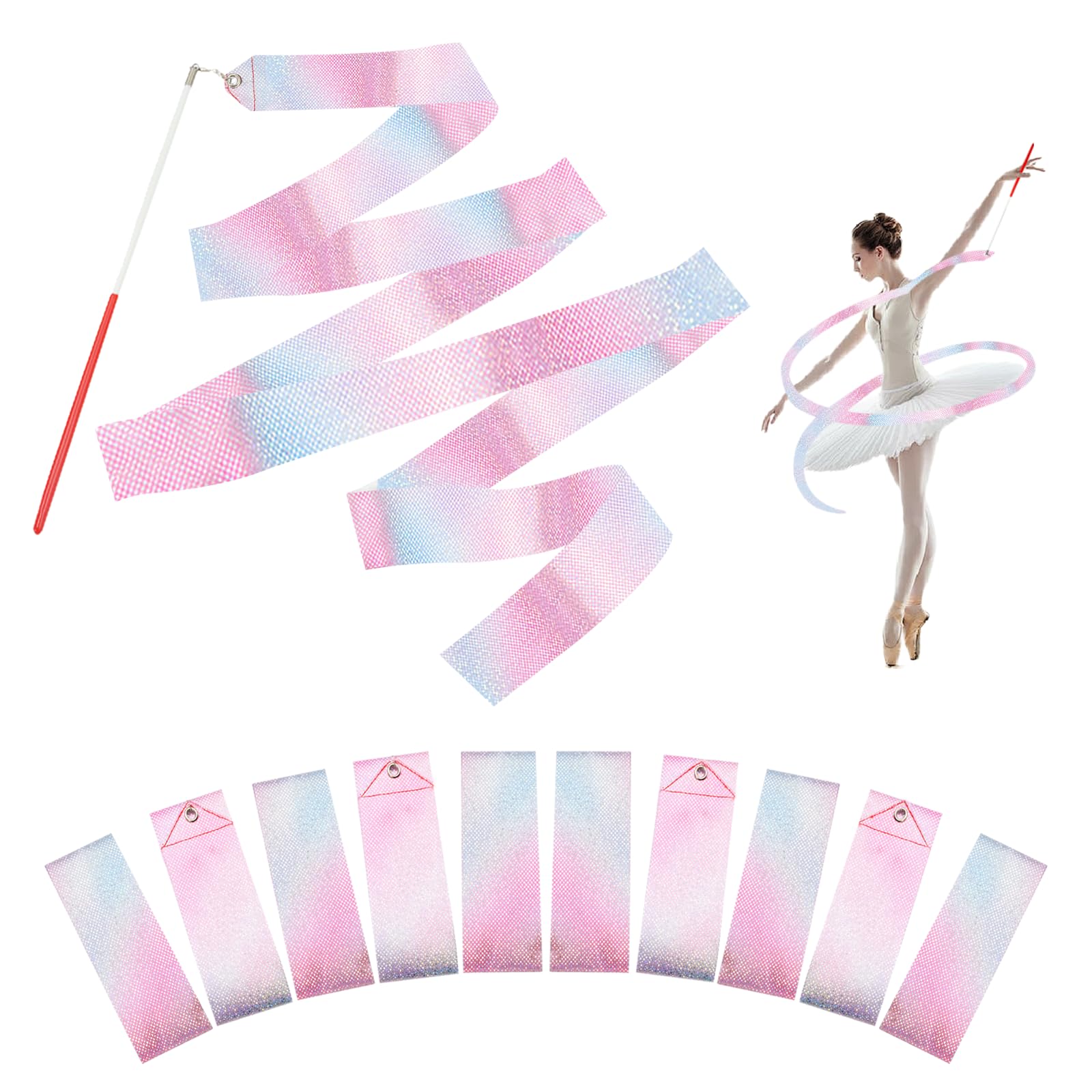 Surplex 10 Pack Flashing Dance Ribbons, Gymnastics Ribbon Twirling Streamers for Kids – Colorful Rhythmic Dancer Set for Artistic Gymnastics, Birthday Parties, Carnival Shows, Baton Twirling (Pink)