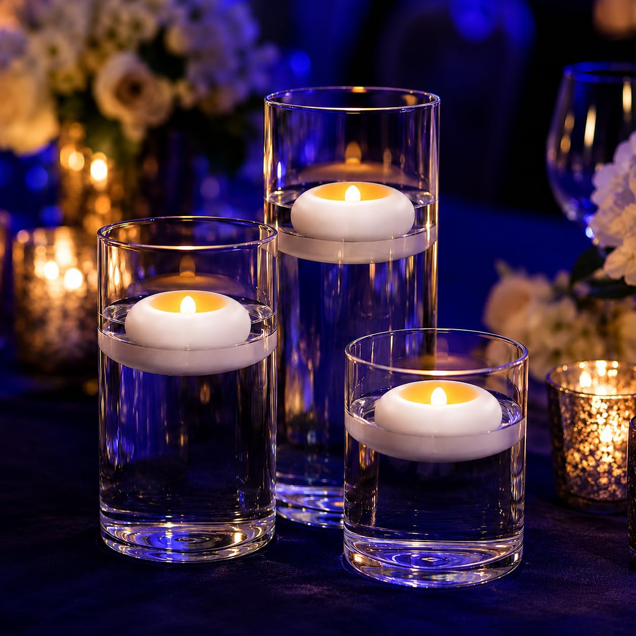 Lot de 24 bougies flottantes à LED sans flamme, 7,6 cm, à piles, pour vase cylindrique, piscine, bain, bain chaud, décoration de centre de mariage