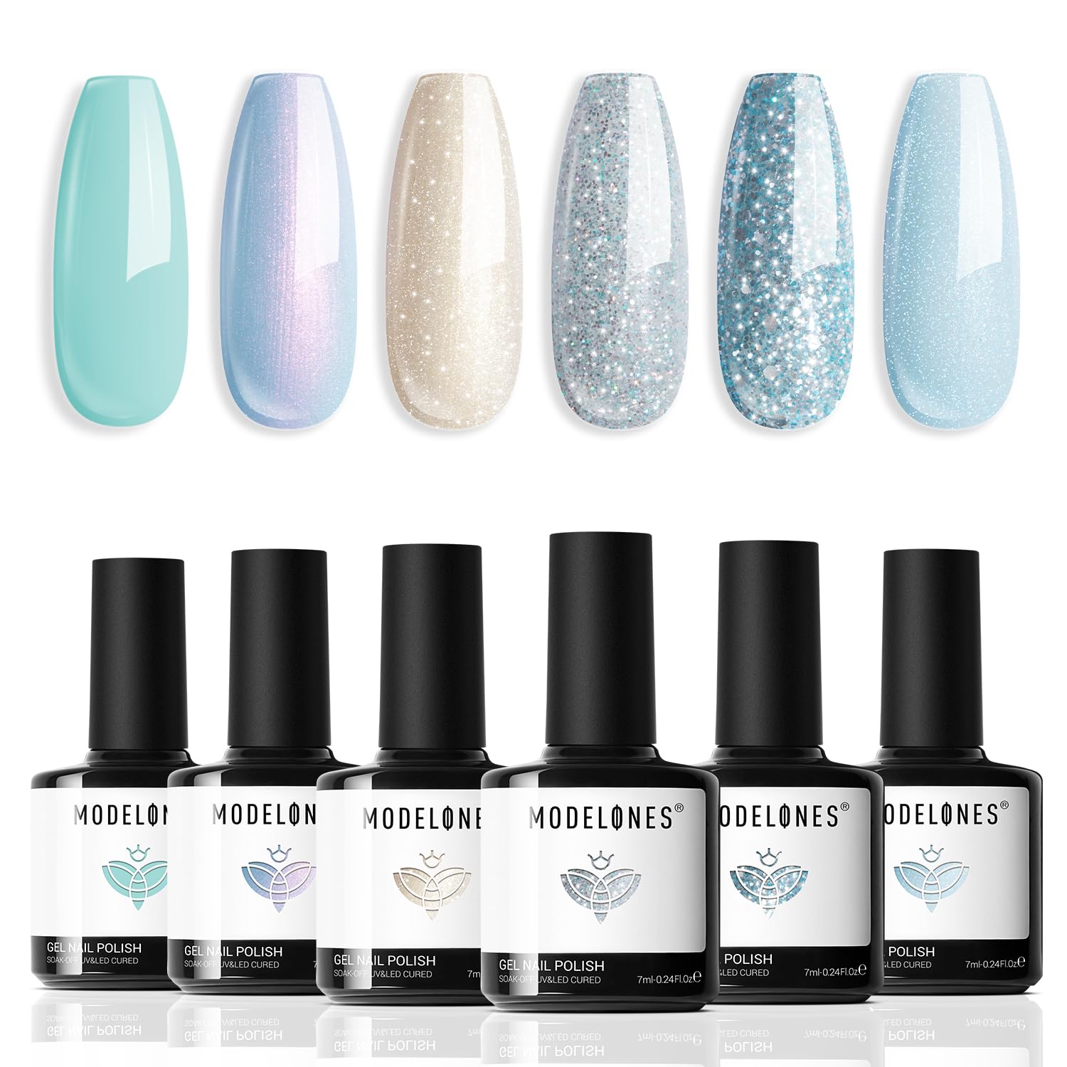 Modelones Gel Nail Polish Set,Mermaid 6 Pcs Blue Silver Glitter Gel Nail Polish Mint Green Shimmer Nail Polish Soak Off Spring Summer Baby Blue Gel Polish LED Nail Art DIY Salon Manicure Gift for Girl