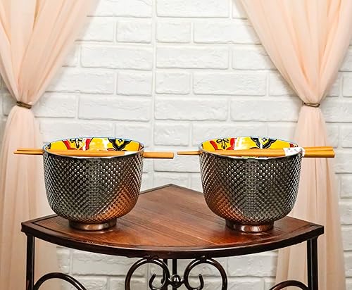 Miniatura 7 de Ebros Gift Juego de 2 cuencos de cerámica para fideos ramen chapados en plata de lujo, estilo otomano, con palillos de madera, para servir en la