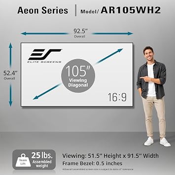 Elite Screens Aeon Series 105 inch Projector Screen 16:9, Edge-Free Fixed Frame, 8K/4K UHD CineWhite UHD-B, Wall Mounted, for Standard, Short & UST Projectors, Home Theater, AR105WH2