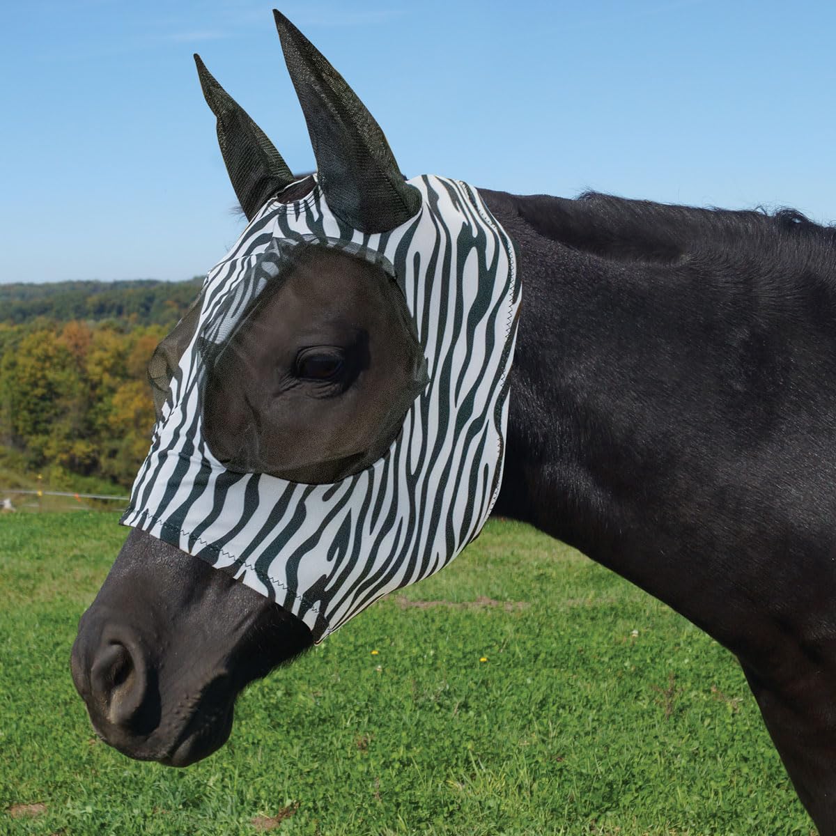 Country Pride Lycra Zebra Fly Mask for Horses, Stretch Lycra with Mesh Eye Openings and Ear Covers, Forelock Hole for Comfort, Insect Protection,
