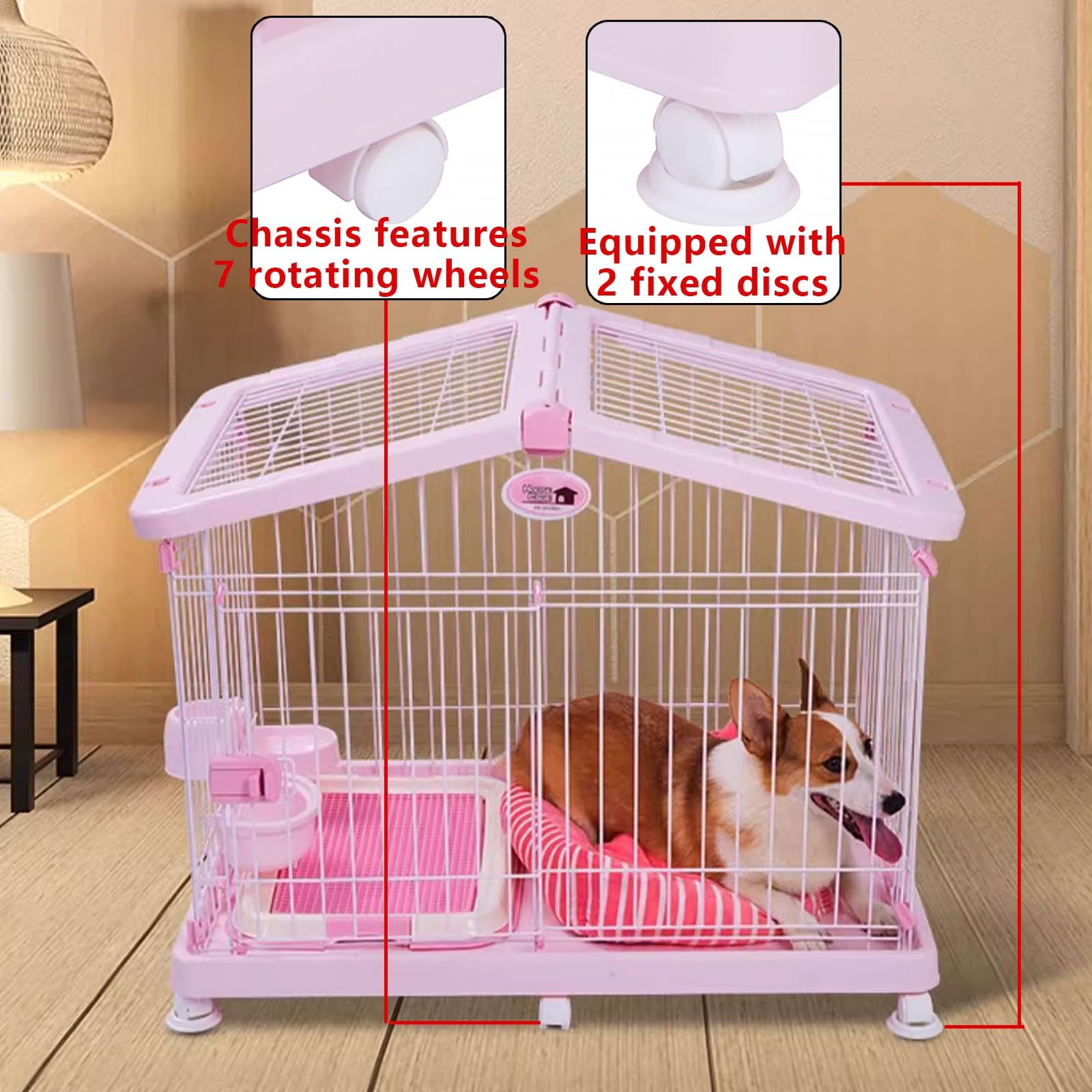 Kennel Gabbia for Cani Da Interno Trasportino Cane Con Serrature E Vassoio Rimovibile Resina E Ferro Tetto Panoramico Facile Da Pulire Disponibile in 2 Misure(Rose,94 * 62 * 76cm)