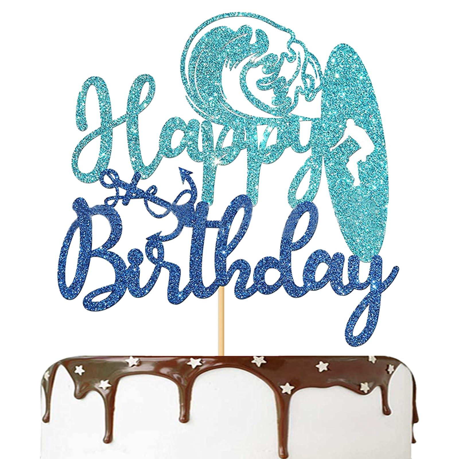 Happy Birthday Cake Topper, Cake Toppers Birthday Personalised, Party Decorations, VGRDTW Surf Theme Blue Glitter Cake Sign Insert Card for Party Decoration - 1 Pack