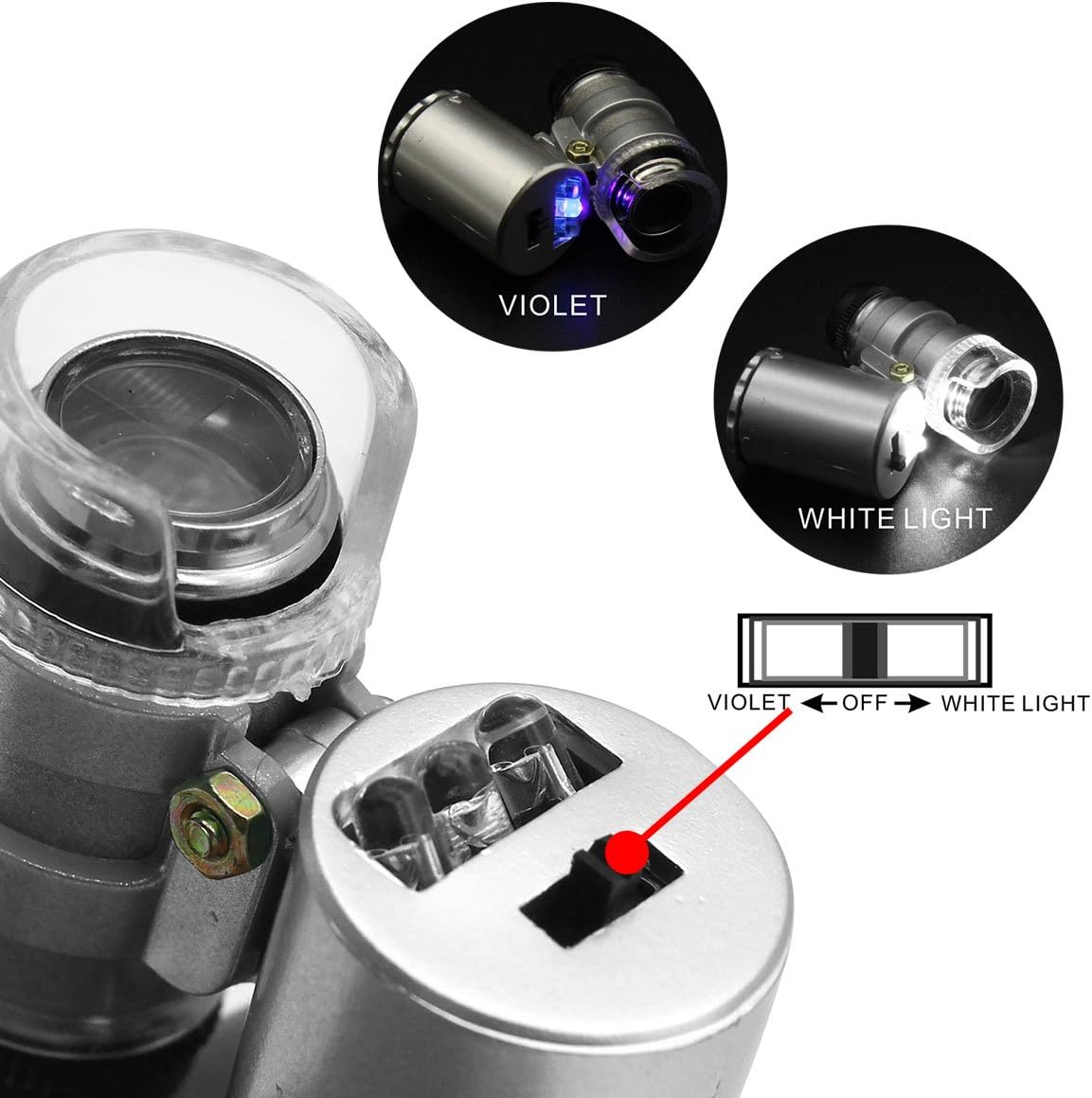 Mini Portable Handheld Microscope with Built-in UV and LED Light hd 60x Zoom Pocket Size for Jewelers Eye Magnifying Glass,Reading,Jewelry,Coin,banknote verification,Science Field etc (1PCS White)