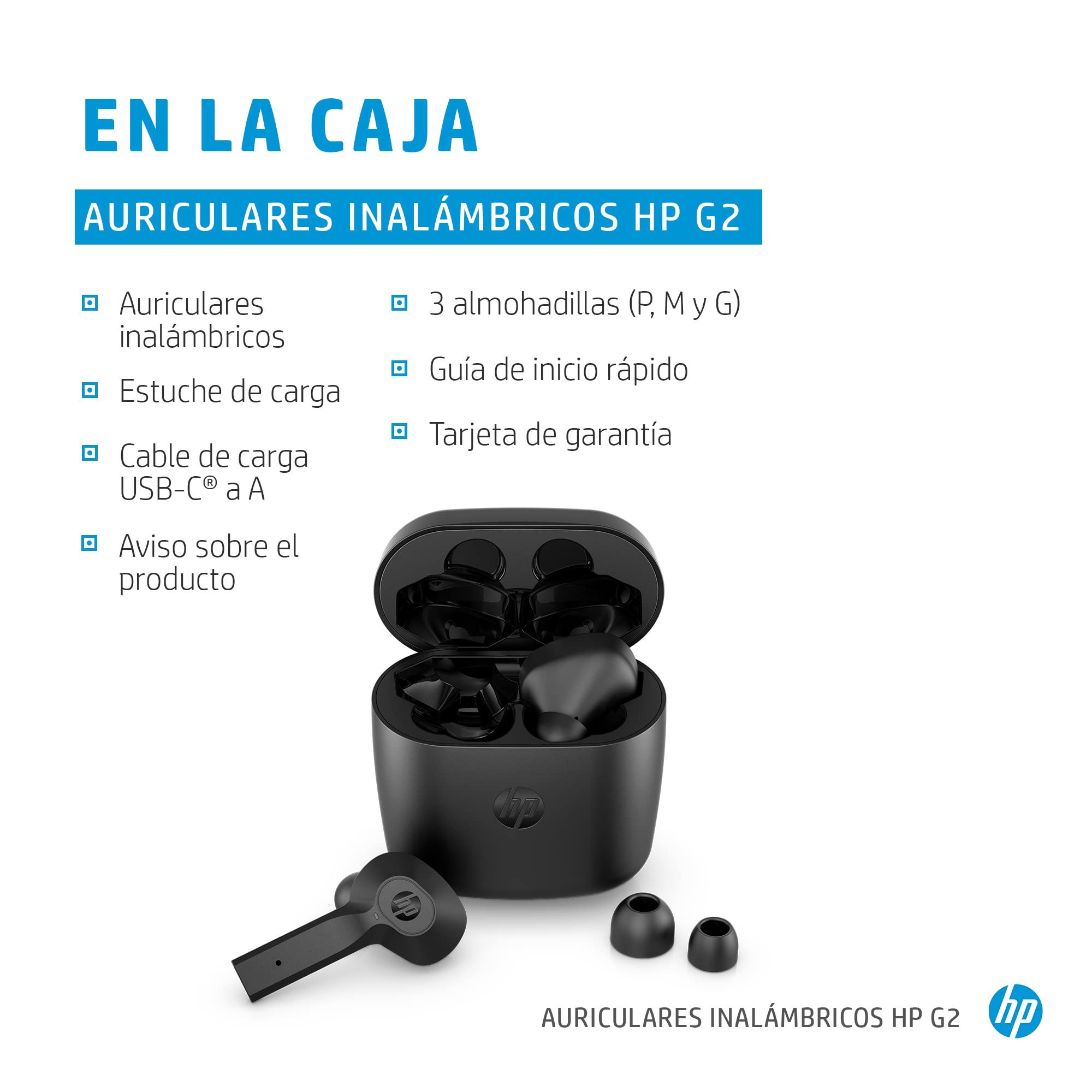 HP G2 169H9AA - Auriculares Inalámbricos con tecnología de reducción de Ruido DSP (conexión Bluetooth 5, hasta 4 Horas de duración de la batería) Negro