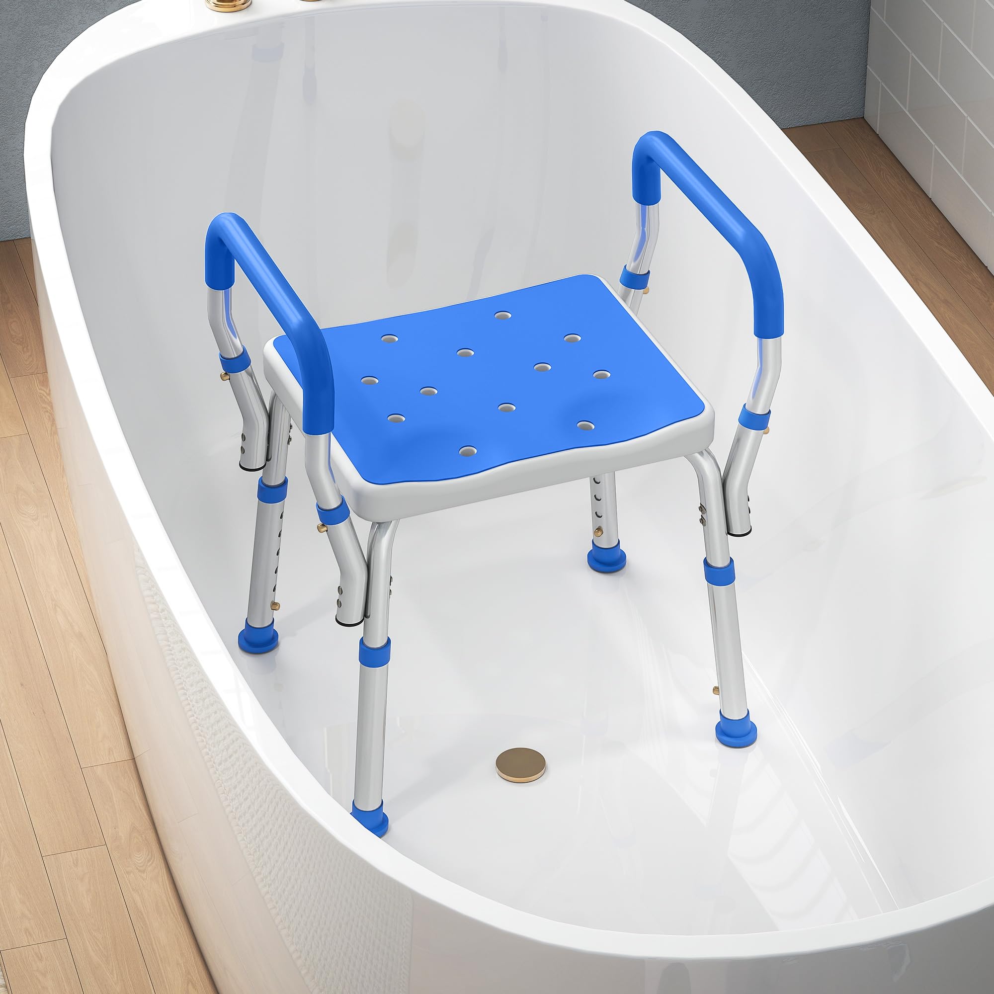 HOMCOM Taburete de Ducha portátil, Silla de Ducha Antideslizante con Altura Ajustable y cojín EVA, Silla de baño de Aluminio Inoxidable para Ancianos, discapacitados, Color Azul Oscuro