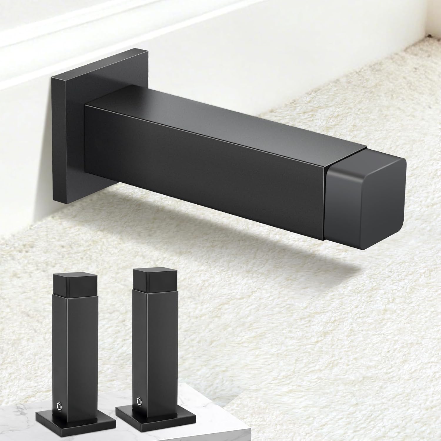 Black Door Stops, Door Stoppers Square Door Stop for Wall Baseboard, Modern Decorative Doorstop Wall Protector Rubber Bumper Tips, 2 Pack, Matte Black