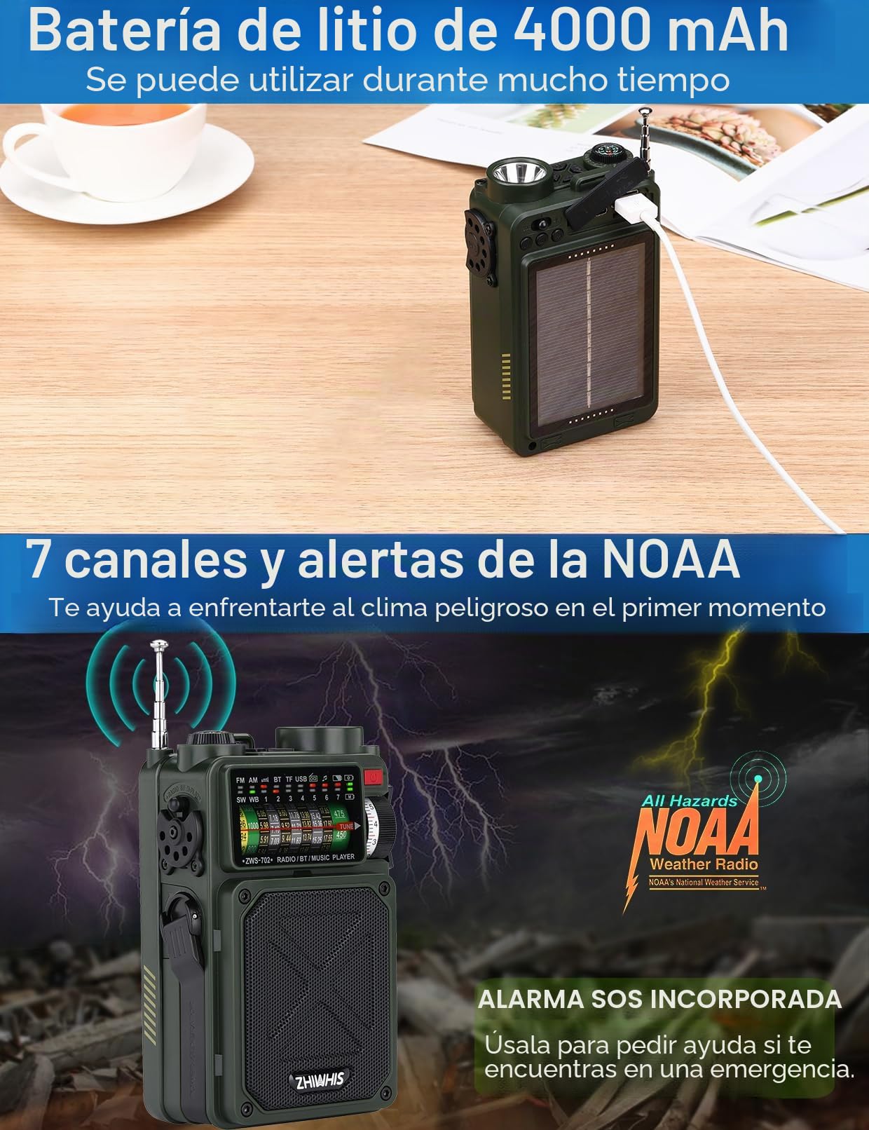 ZHIWHIS Radio de Onda Corta con Bluetooth, radios de Emergencia Am/FM/SW/WB con alertas NOAA, manivela de mano/solar/4000 mAh/Ruido Blanco/SOS/Bajos/Receptor Retro Recargable con preestablecido,