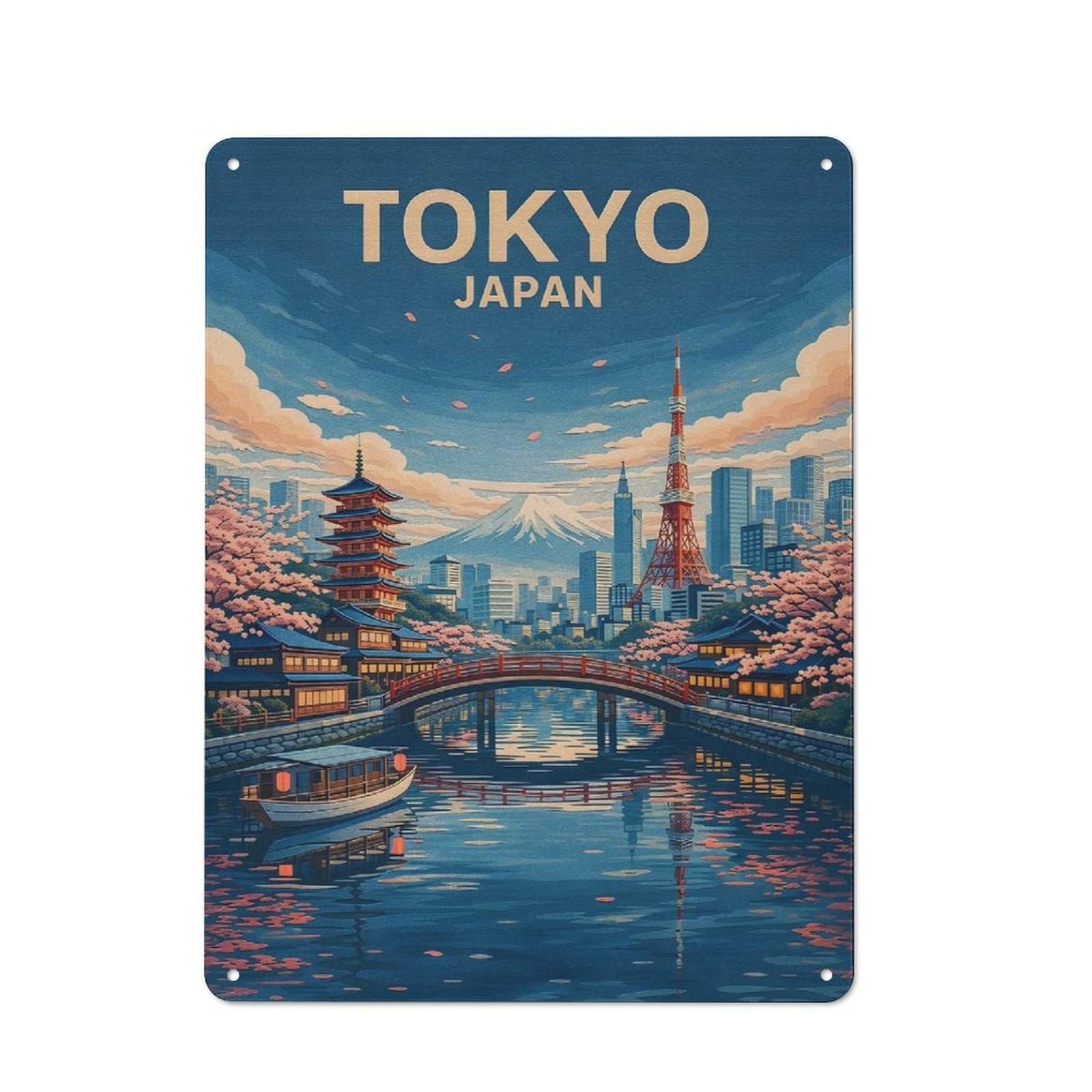 Junmoney Style-11 Tokyo Cityscape With Mount Fuji And Cherry Blossoms Rustic Metal Wall Sign 40X30cm For Workshop Wall, Suited To Makers And Diy Enthusiasts