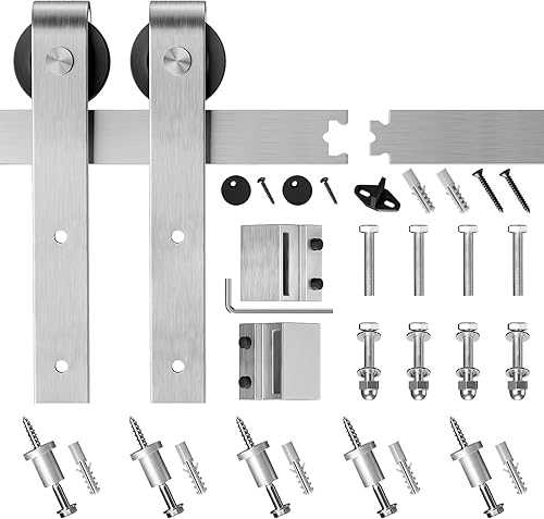 Miniatura 7 de SMARTSTANDARD Kit de herrajes para puerta de granero de níquel cepillado de 7 pies, pista deslizante resistente, suave y silenciosa, fácil de