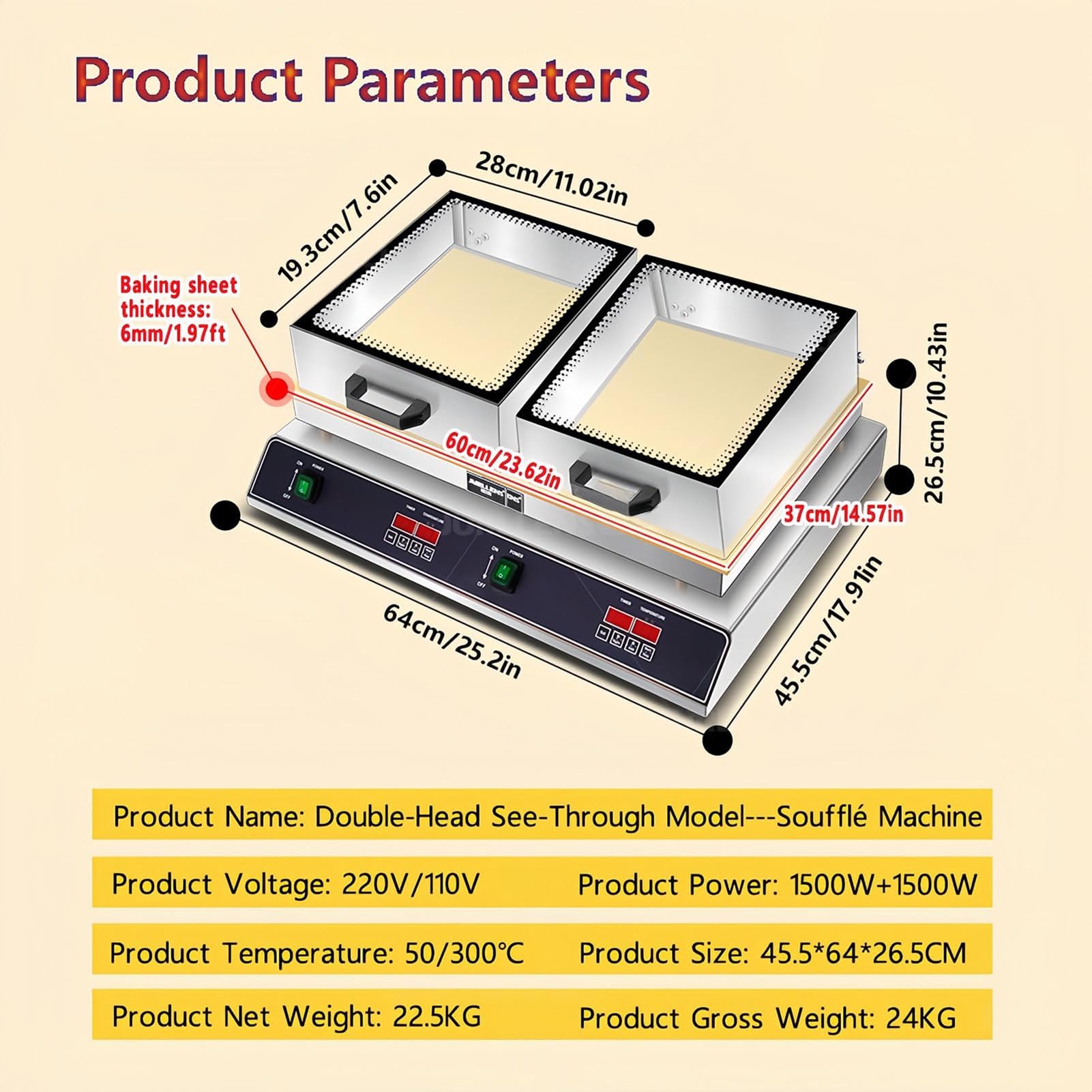 Elektrische Souffle-Maschine, kommerzieller Souffle-Pfannkuchen-Maker, elektrische Grillplatte mit Digitalanzeige, 60–240 ℃ Temperaturregelung, for Heimküche, Restaurant, Bäckerei(Double Head)