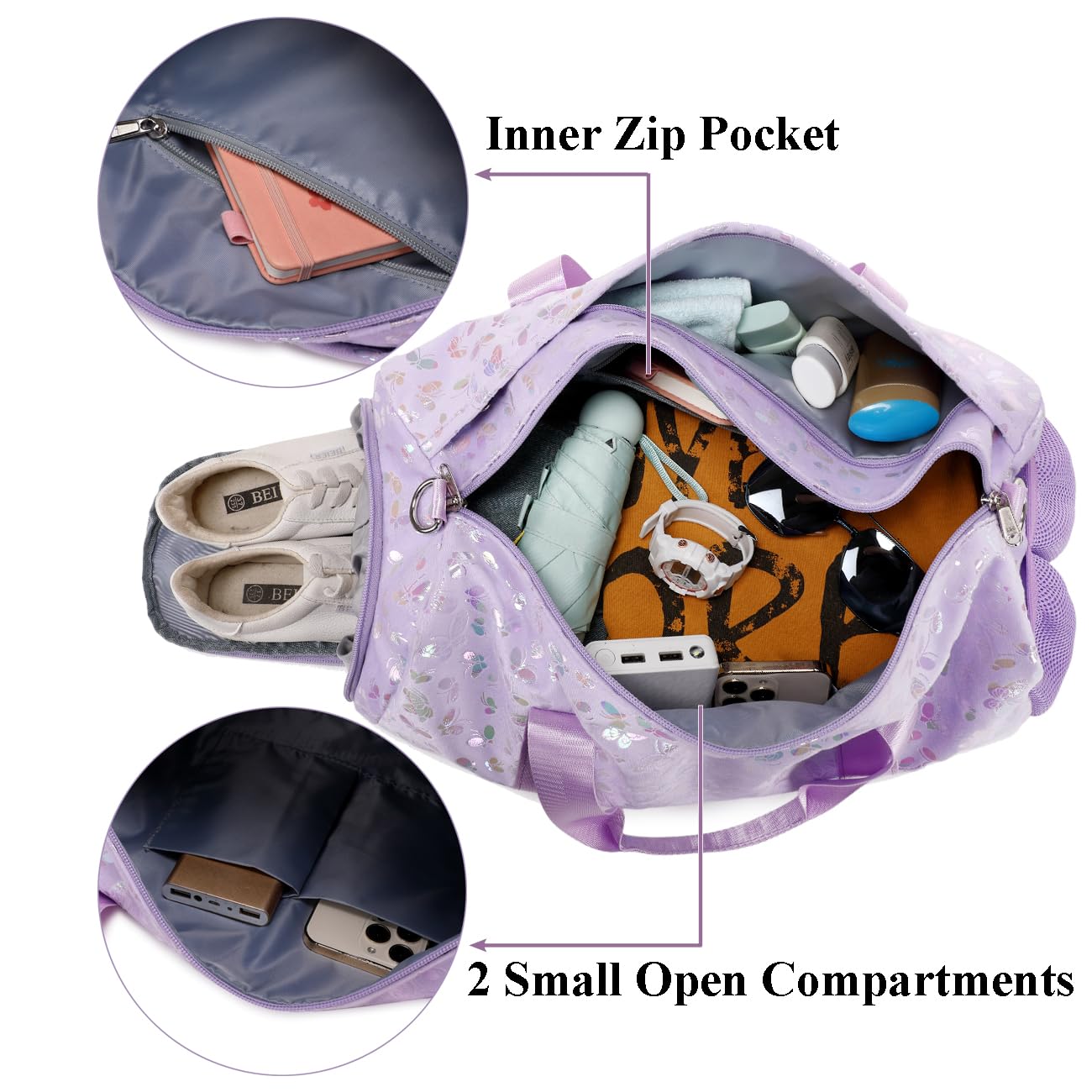 Plush Girls Travel Bag Kids Sports Bag for Girls Travel Duffles Girls Gymnastics Training Bag Girls Butterfly 25L Duffles Gym Bag - Image 4