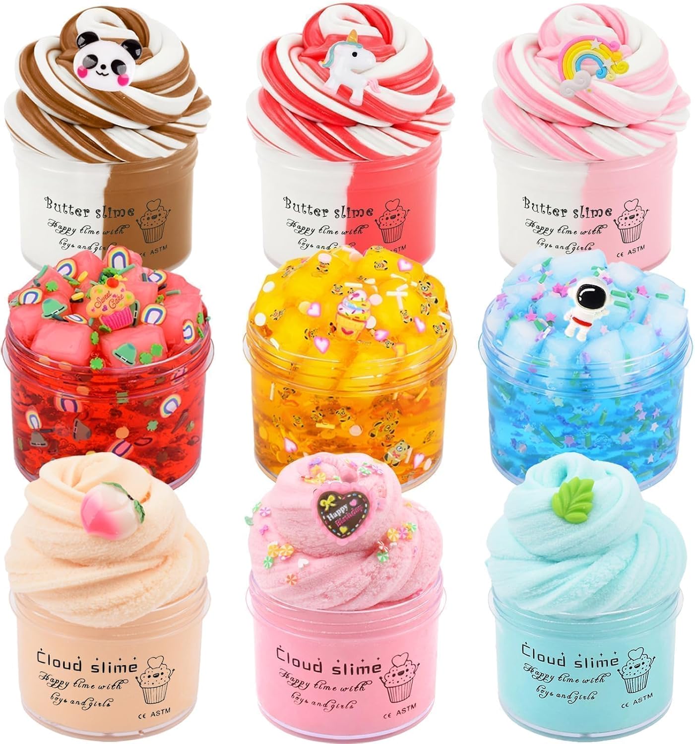 9 Pack Slime Kit with 3 Butter, 3 Cloud & 3 Jelly Cube Crunchy Slime, Non-Sticky DIY Toys for Kids, Stress Relief Birthday Gift & Party Favor, Classroom Treat Bags