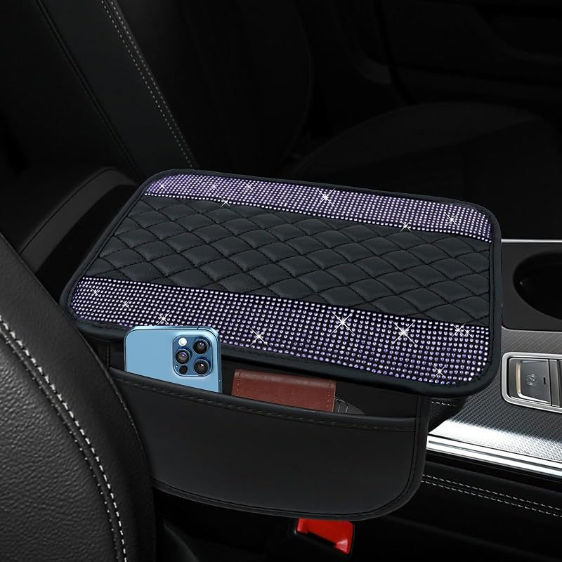 Capa de Couro para Console Central Automotivo ongfuwu com Strass e Bolsos Laterais – Roxa
