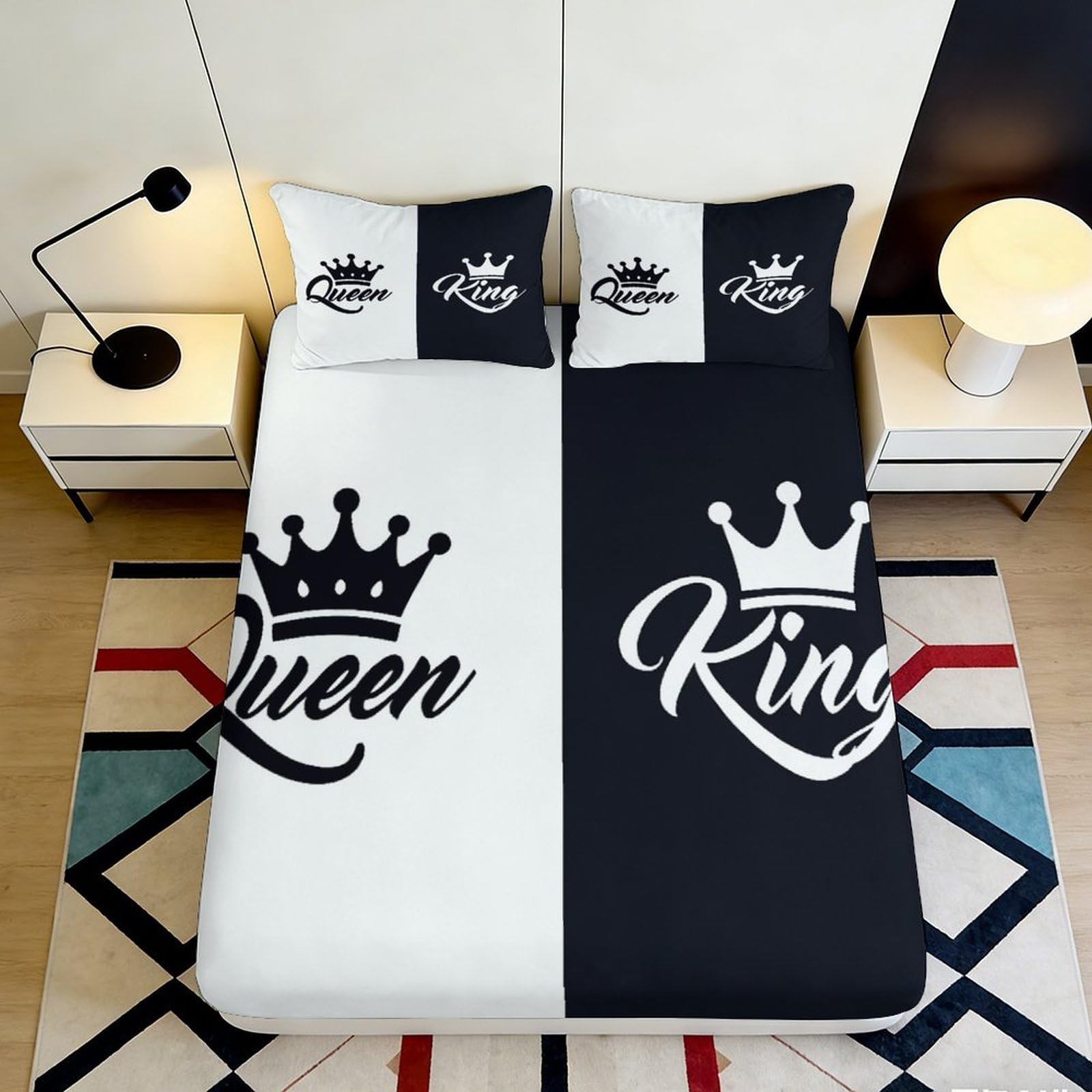 3D Printed King and Queen Design Fitted Sheet Microfiber Soft Breathable Queen and King Bed Cover for Bedroom Dormitory Guest Room Mattress Protection 140x200x25cm