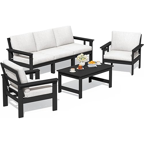 SERWALL HDPE Patio Conversation Set, 6-piece Sectional Outdoor Furniture Set, All Weather Outdoor Couch Set Patio Furniture Set for Deck, Lawn, Black Frame with Khaki Cushion