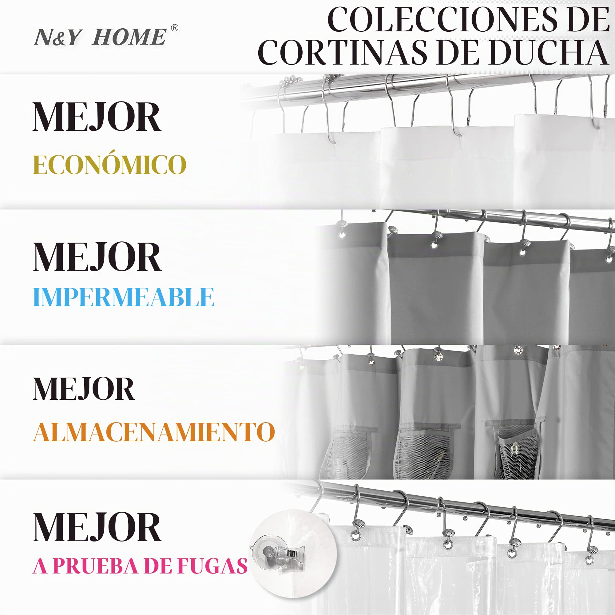 N&Y Home - Cortina de Ducha de Tejido en Relieve con Forro de Tela a presión, 12 Ganchos Blancos incluidos, Estilo hotelero, Impermeable y Lavable, Tela Pesada y Ventana Superior de Malla, 180 x