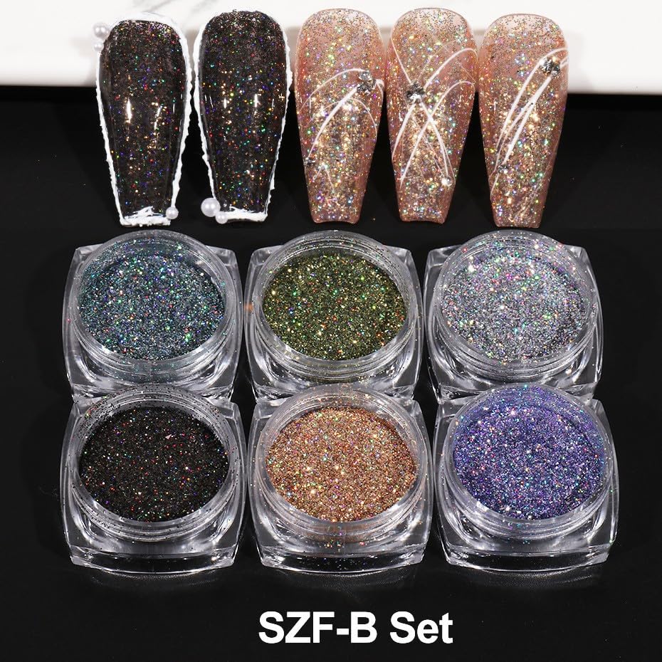 Holographic Nail Art Sequins Glitter Powder Kits 6 Boxes 3D Nails Glitter Metallic Shining Flakes Acrylic Powder Dust Sequins for Nails Decoration Holographic Manicure Tips