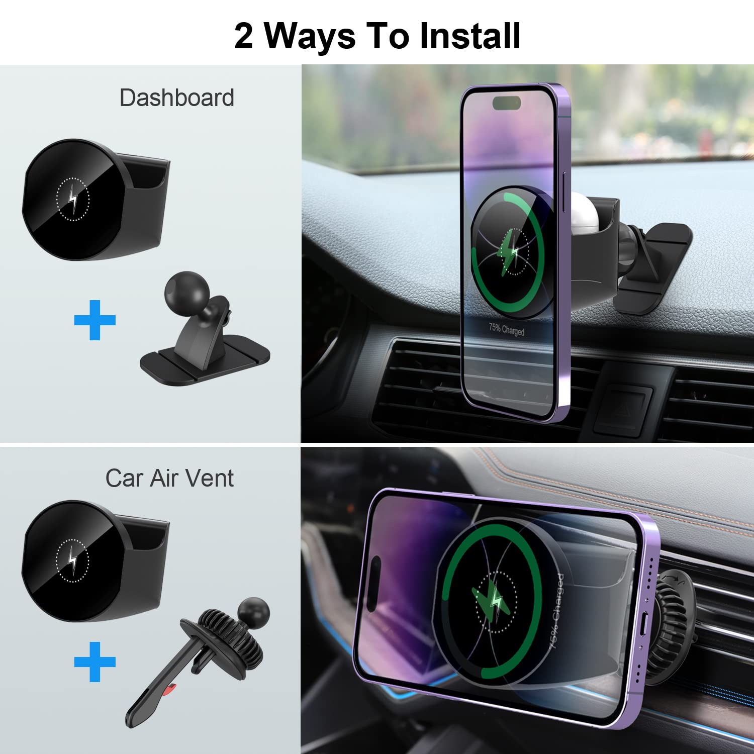For MagSafe Car Mount Charger IPhone And Airpods Magnetic Wireless Car Charger,Car Phone Holder Mount Wireless Charging For IPhone 14 13 12 Pro Plus Max Mini,Airpods 2nd 3rd