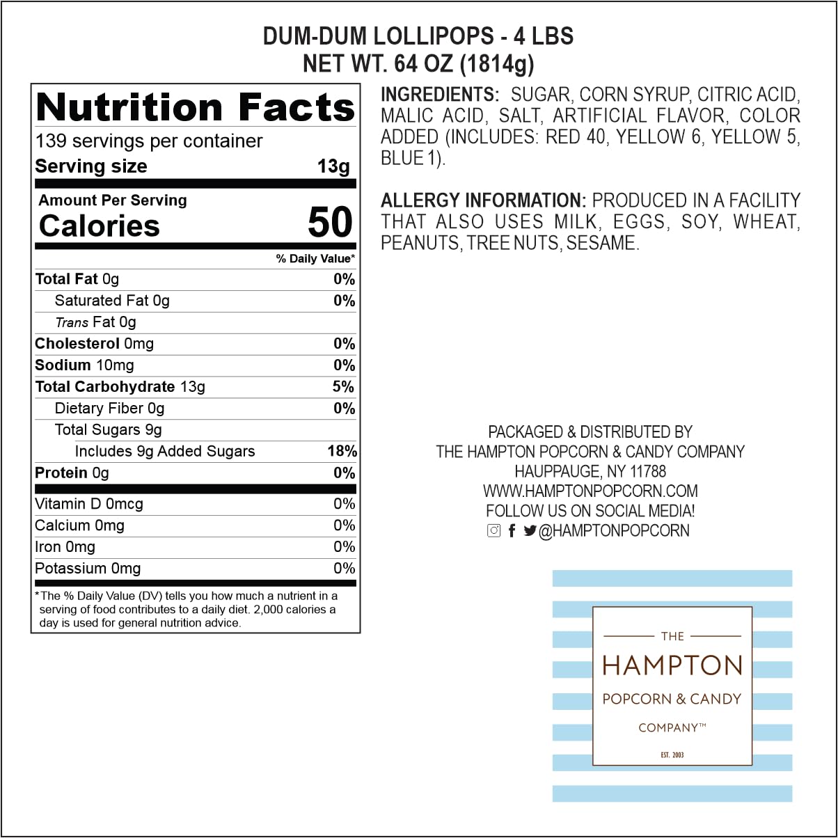 DUMDUMS Original Mix Lollipops, 4 lb Bag (240 Pieces Approx.), Gluten Free Hard Candy, Assorted Flavors, Individually Wrapped Lollipops, The Hampton Popcorn & Candy Company