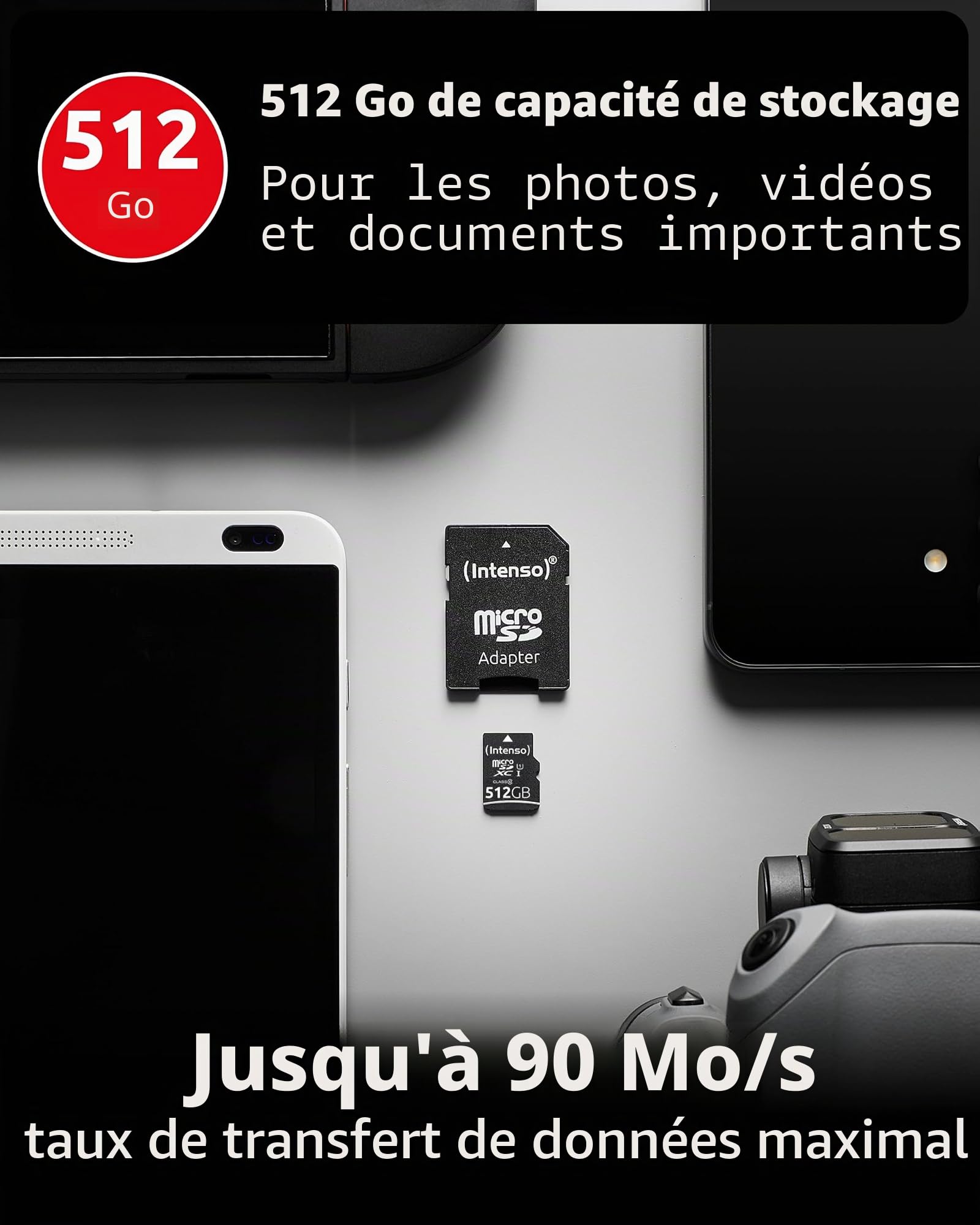 Intenso 512 Go Premium Carte Mémoire microSD avec Adaptateur SD, Classe 10 UHS-I, Vitesse de Lecture maximale de 45 Mo/s de ARCANITE 3423493 Noir