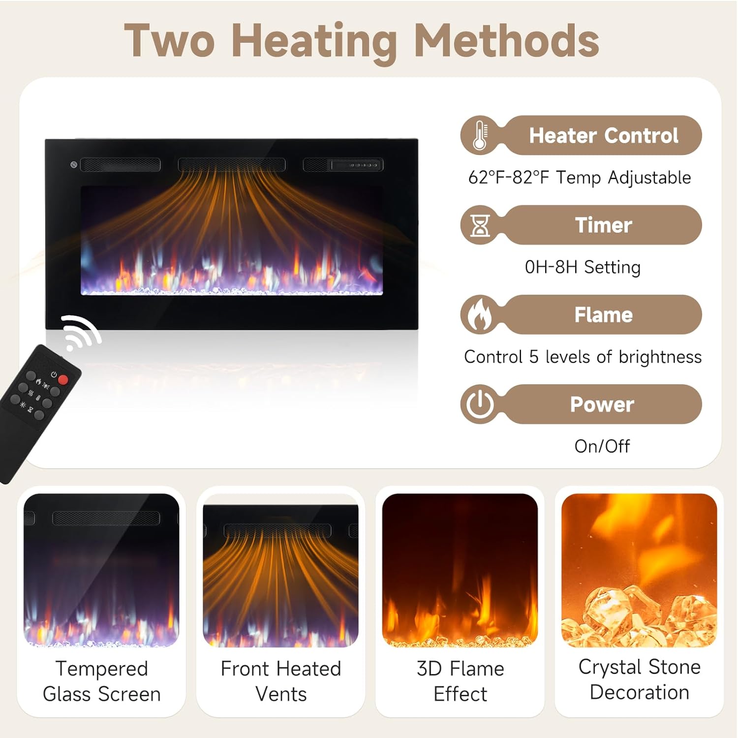 70" Fireplace TV Stand, Modern Entertainment Center for TVs Up to 80”, TV Console with Storage Cabinets, Media Console for Living Room, Brown TV Stand and Black Fireplace - Image 5